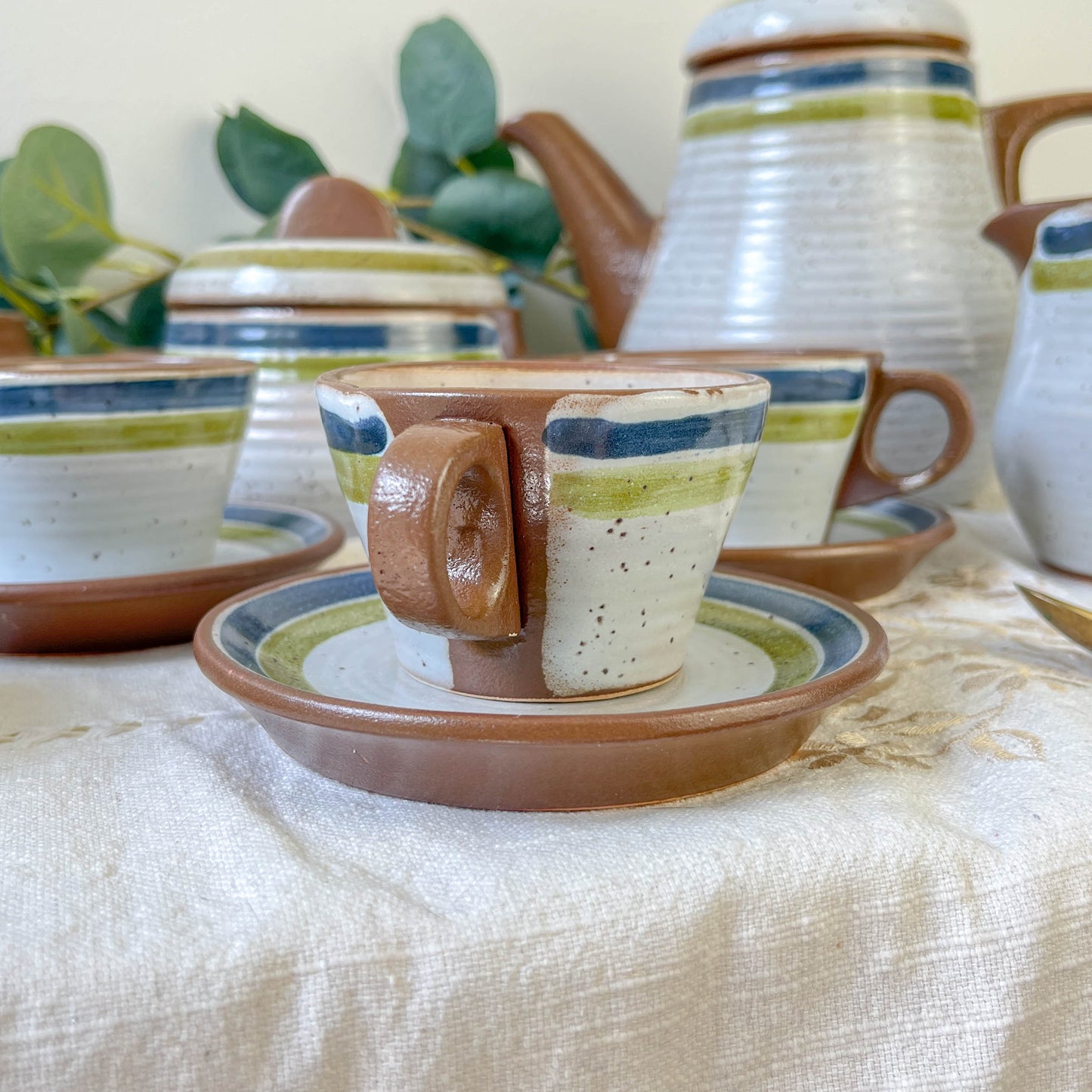 Service à café vintage en grès moucheté gris rayures vertes bleues des années 1950 - Tasses à café en grès vintage - théière vintage grès