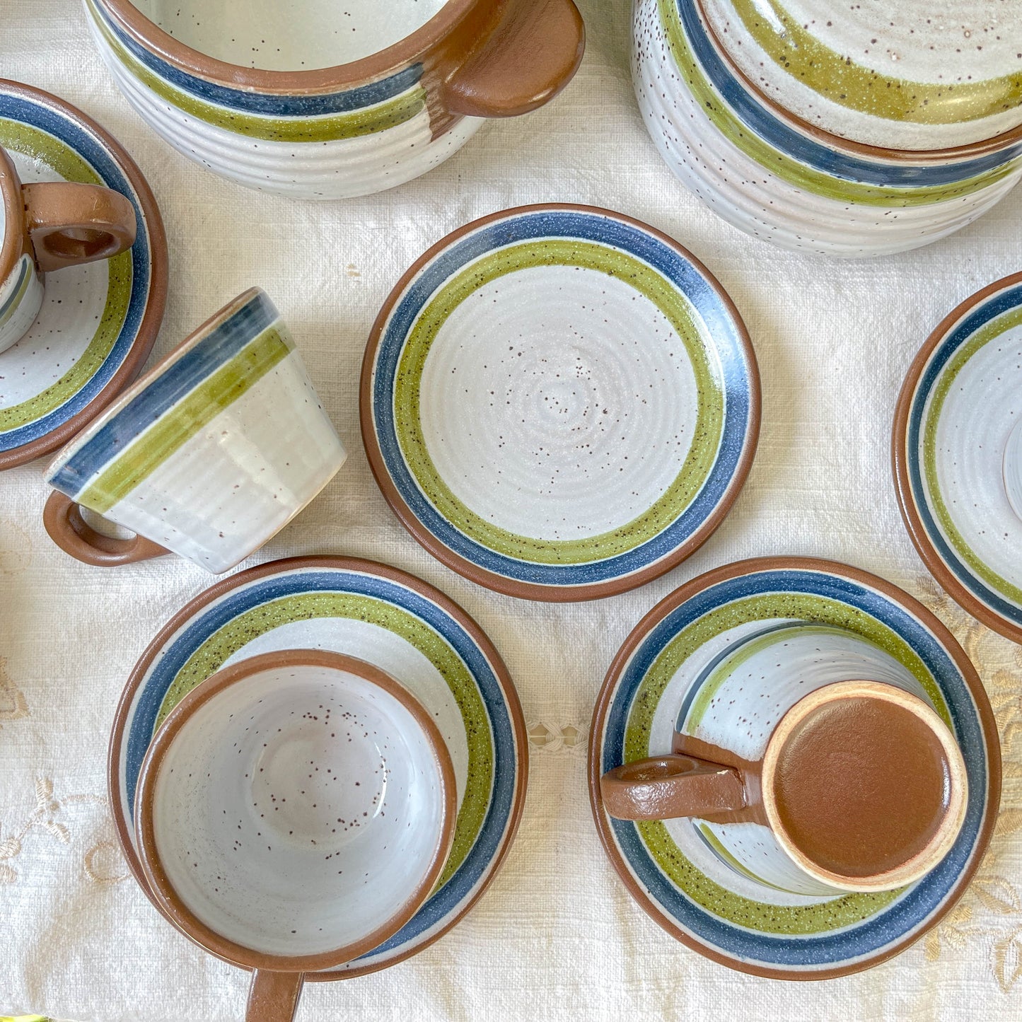 Service à café vintage en grès moucheté gris rayures vertes bleues des années 1950 - Tasses à café en grès vintage - théière vintage grès