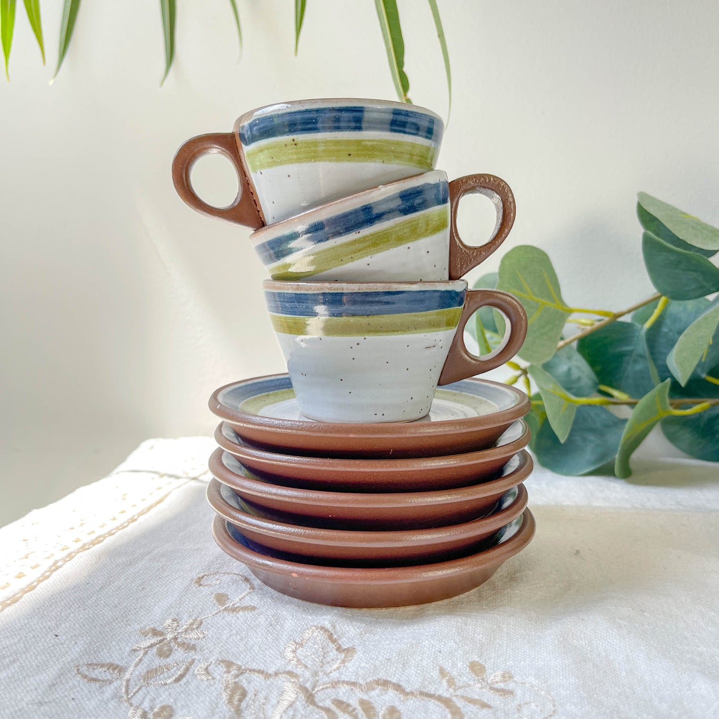 Service à café vintage en grès moucheté gris rayures vertes bleues des années 1950 - Tasses à café en grès vintage - théière vintage grès