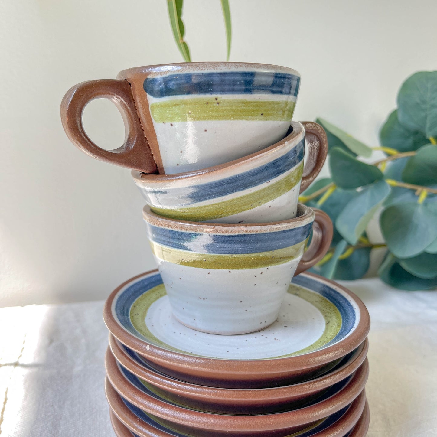 Service à café vintage en grès moucheté gris rayures vertes bleues des années 1950 - Tasses à café en grès vintage - théière vintage grès