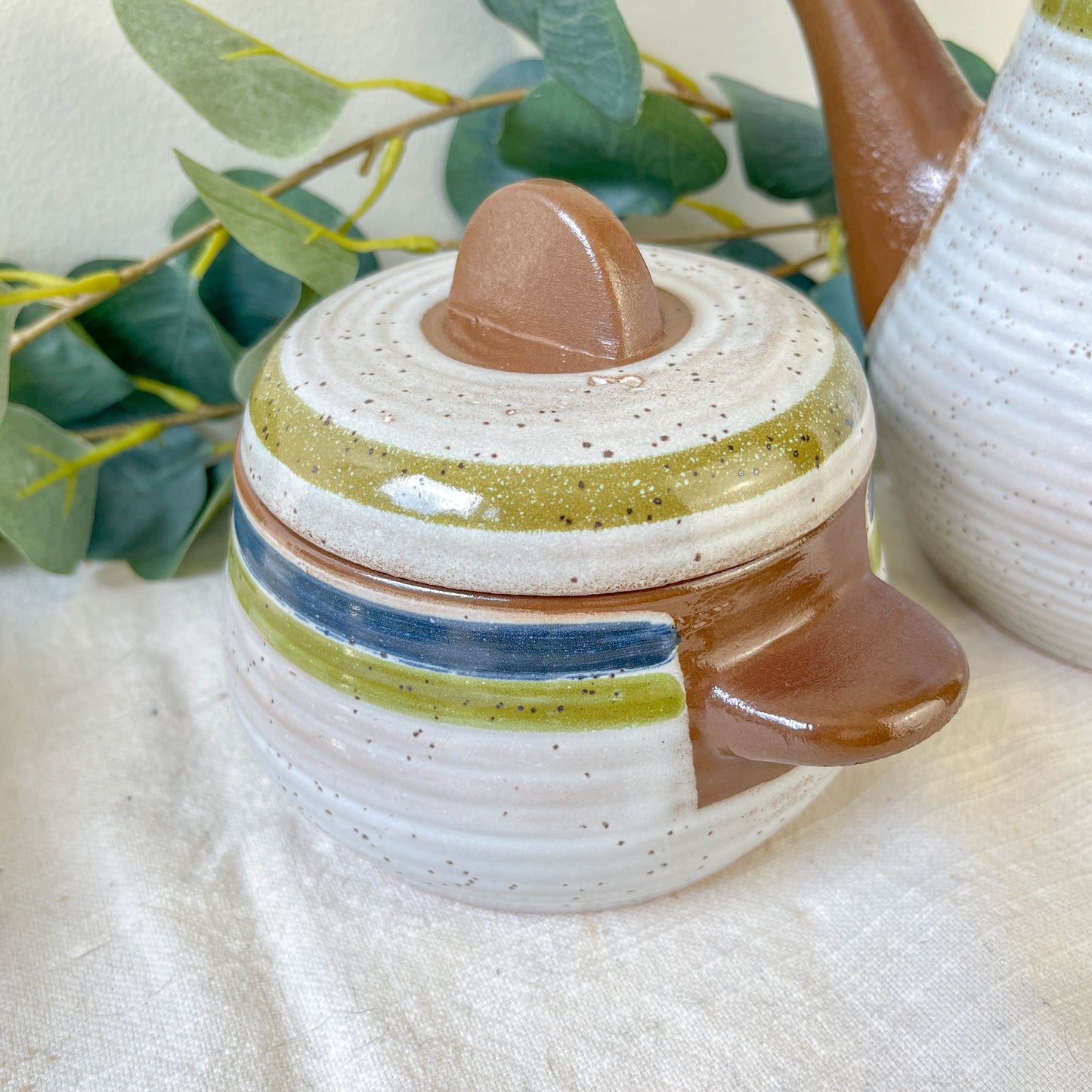 Service à café vintage en grès moucheté gris rayures vertes bleues des années 1950 - Tasses à café en grès vintage - théière vintage grès