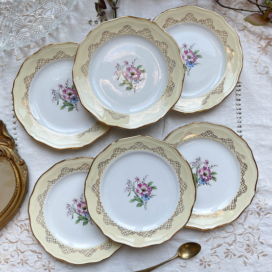 6 Petites assiettes en porcelaine vintage motif fleuri blanche jaune doré L'Amandinoise 38754
