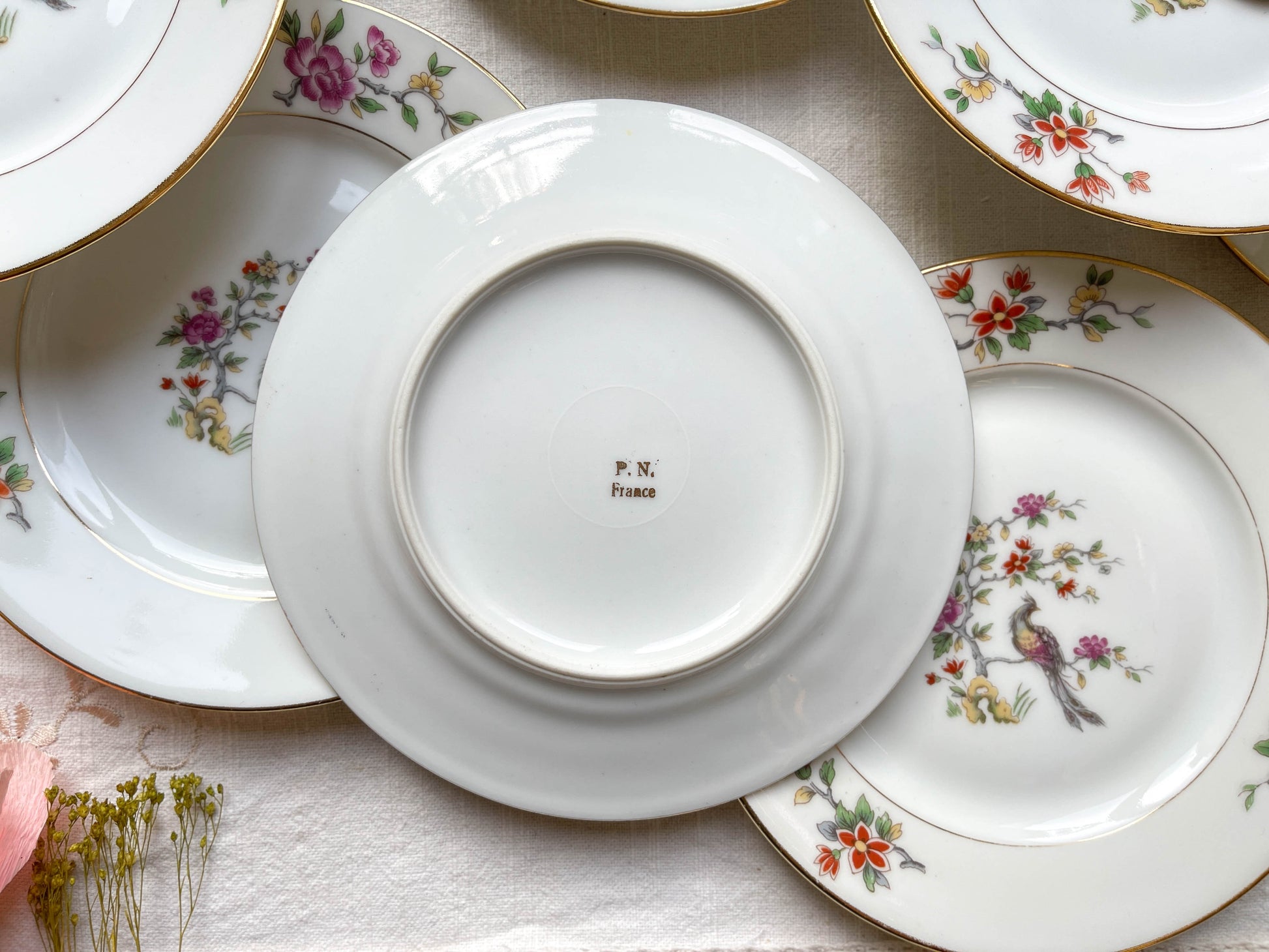 Service à dessert vintage 12 personnes en porcelaine PN France motif oiseau de paradis