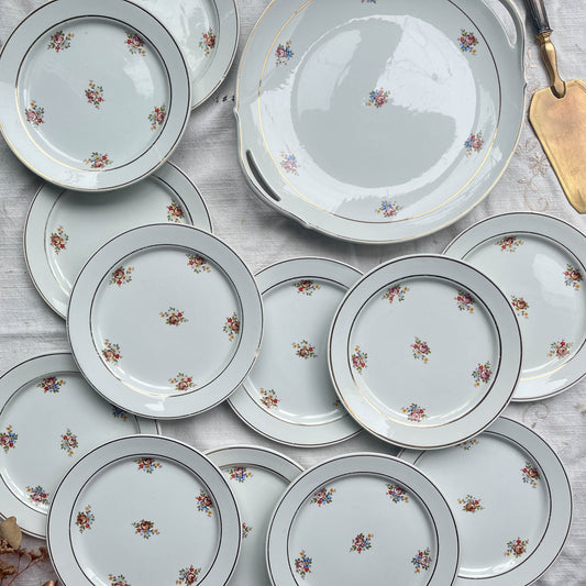 Vintage floral porcelain dessert service HBCM MONTEREAU