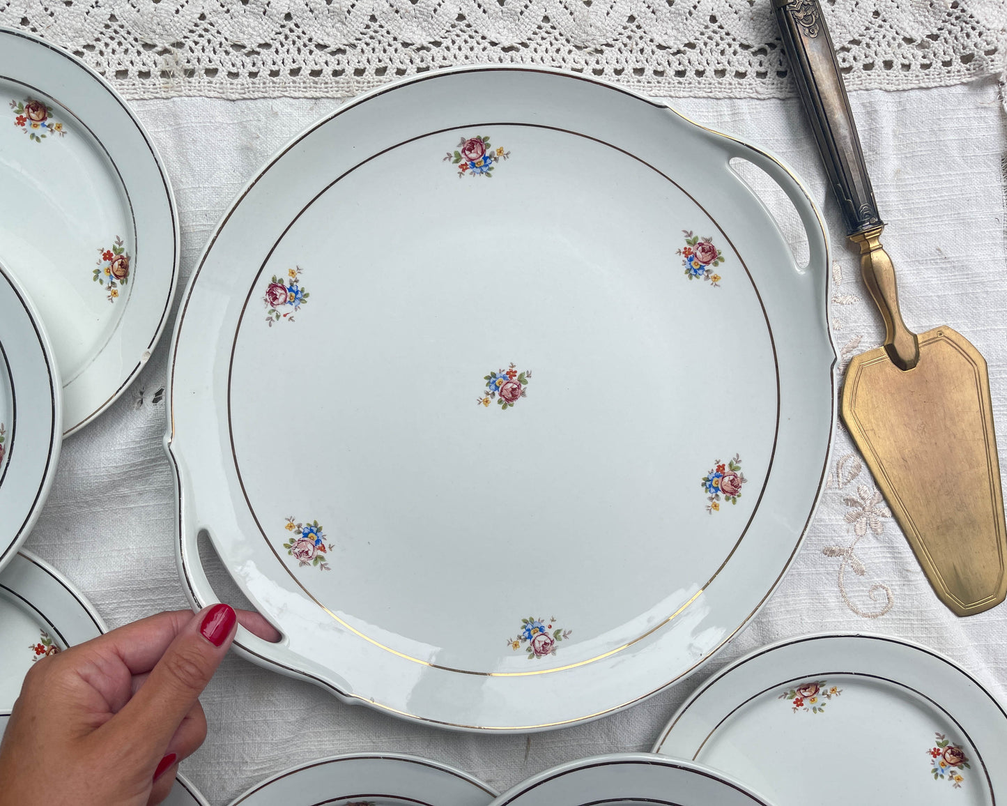 Vintage floral porcelain dessert service HBCM MONTEREAU