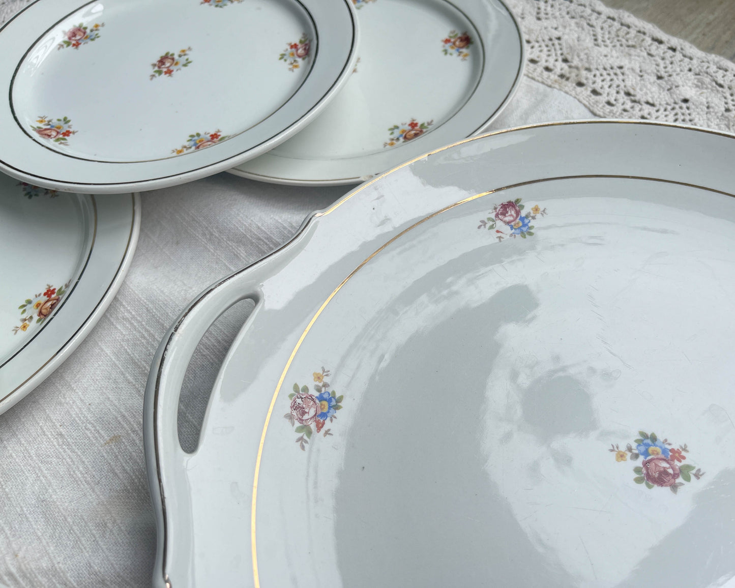 Vintage floral porcelain dessert service HBCM MONTEREAU