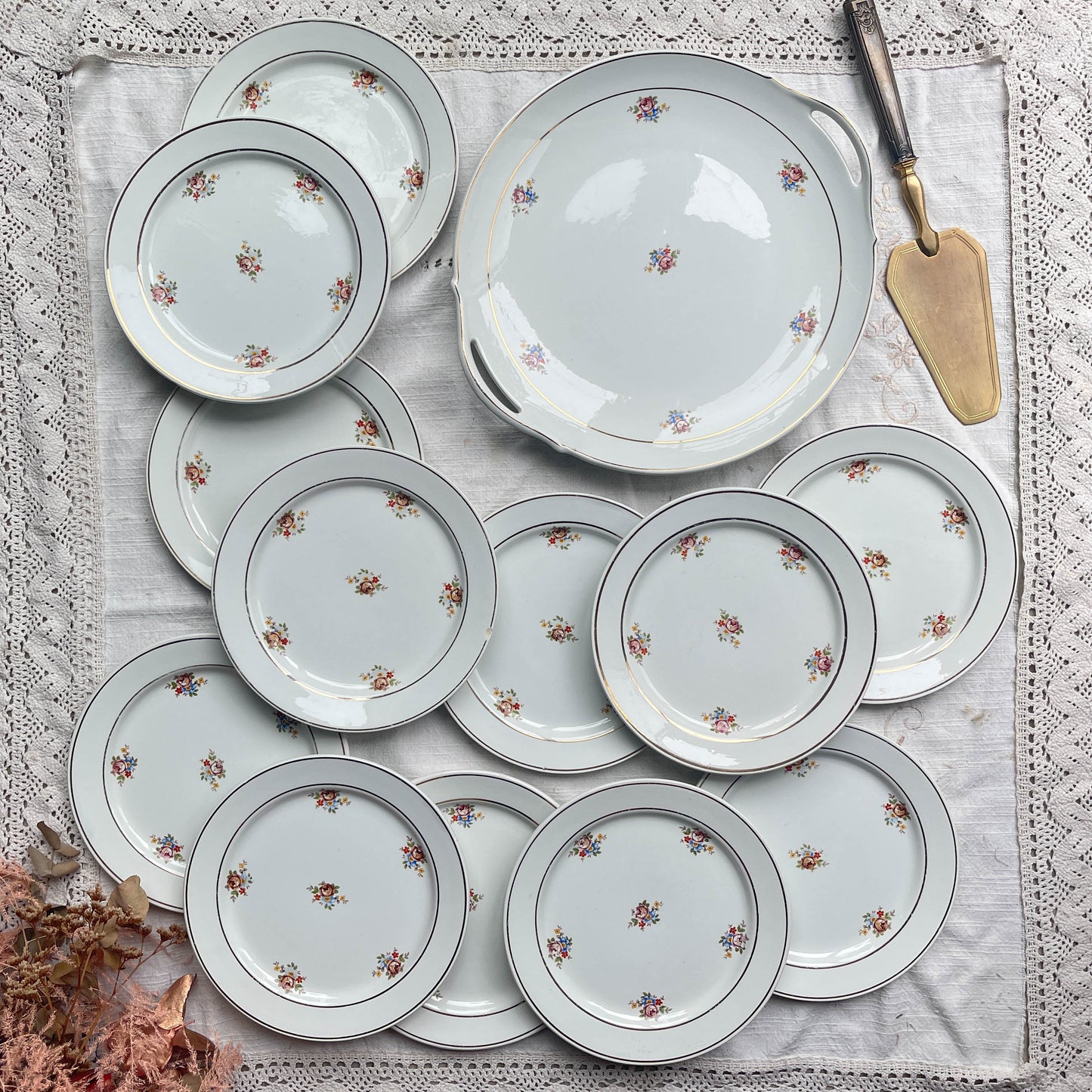 Vintage floral porcelain dessert service HBCM MONTEREAU