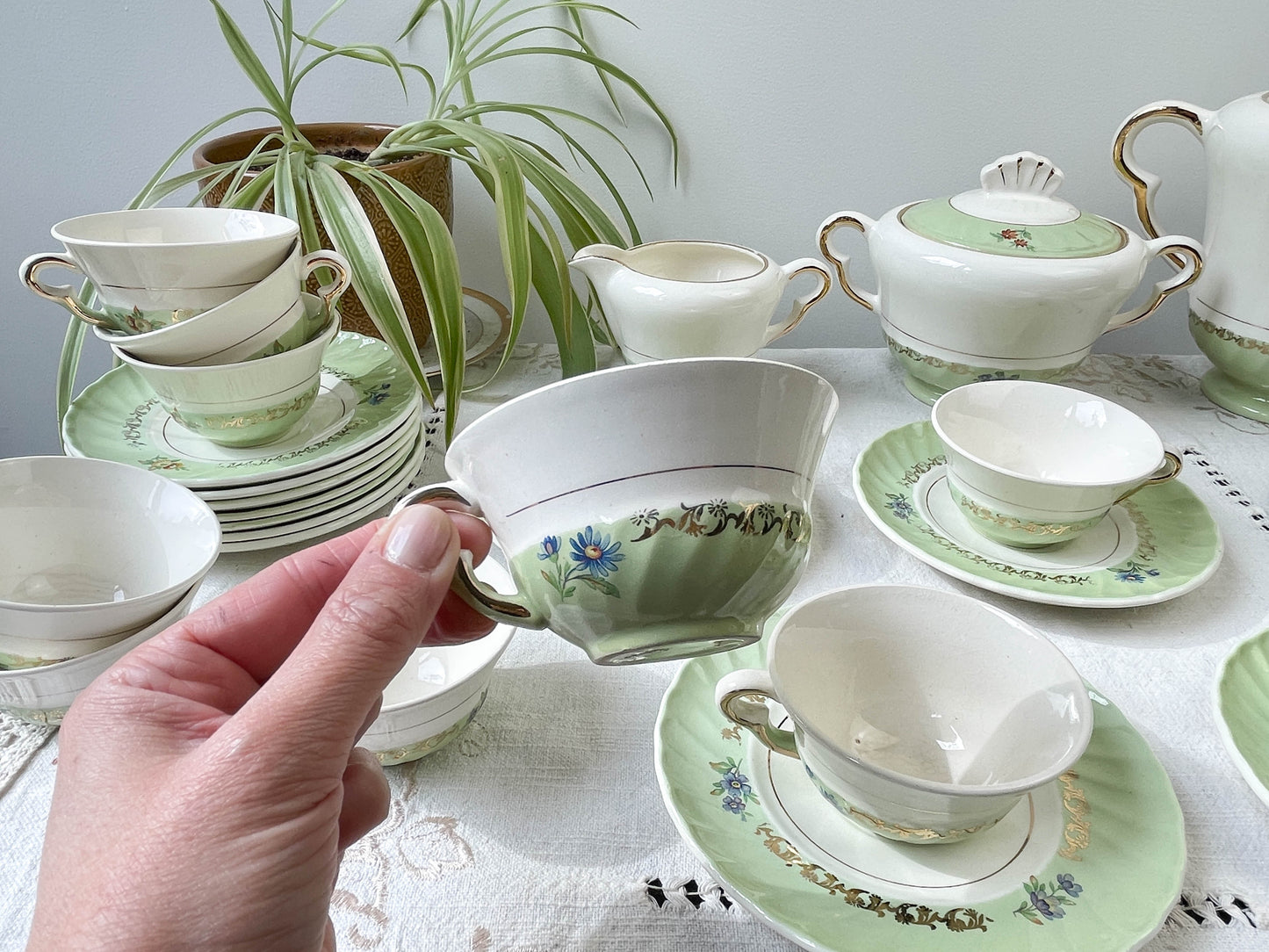 Service à thé/café vintage en porcelaine blanche verte dorée SALINS made in France
