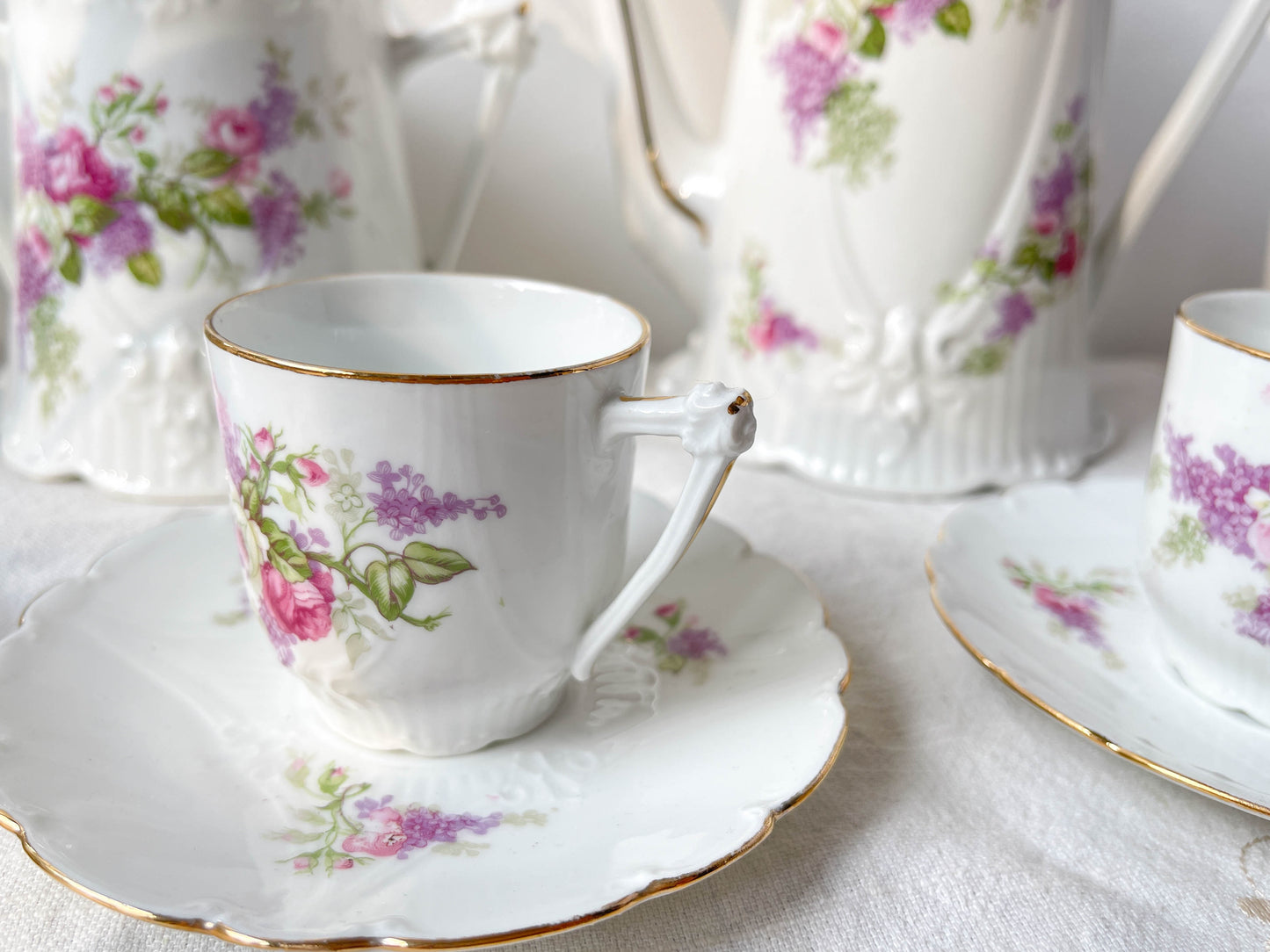 Service à thé café 5 personnes en porcelaine vintage LIMOGES B&C motif fleuri France
