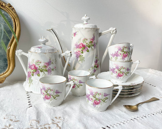 Service à thé café 5 personnes en porcelaine vintage LIMOGES B&C motif fleuri France