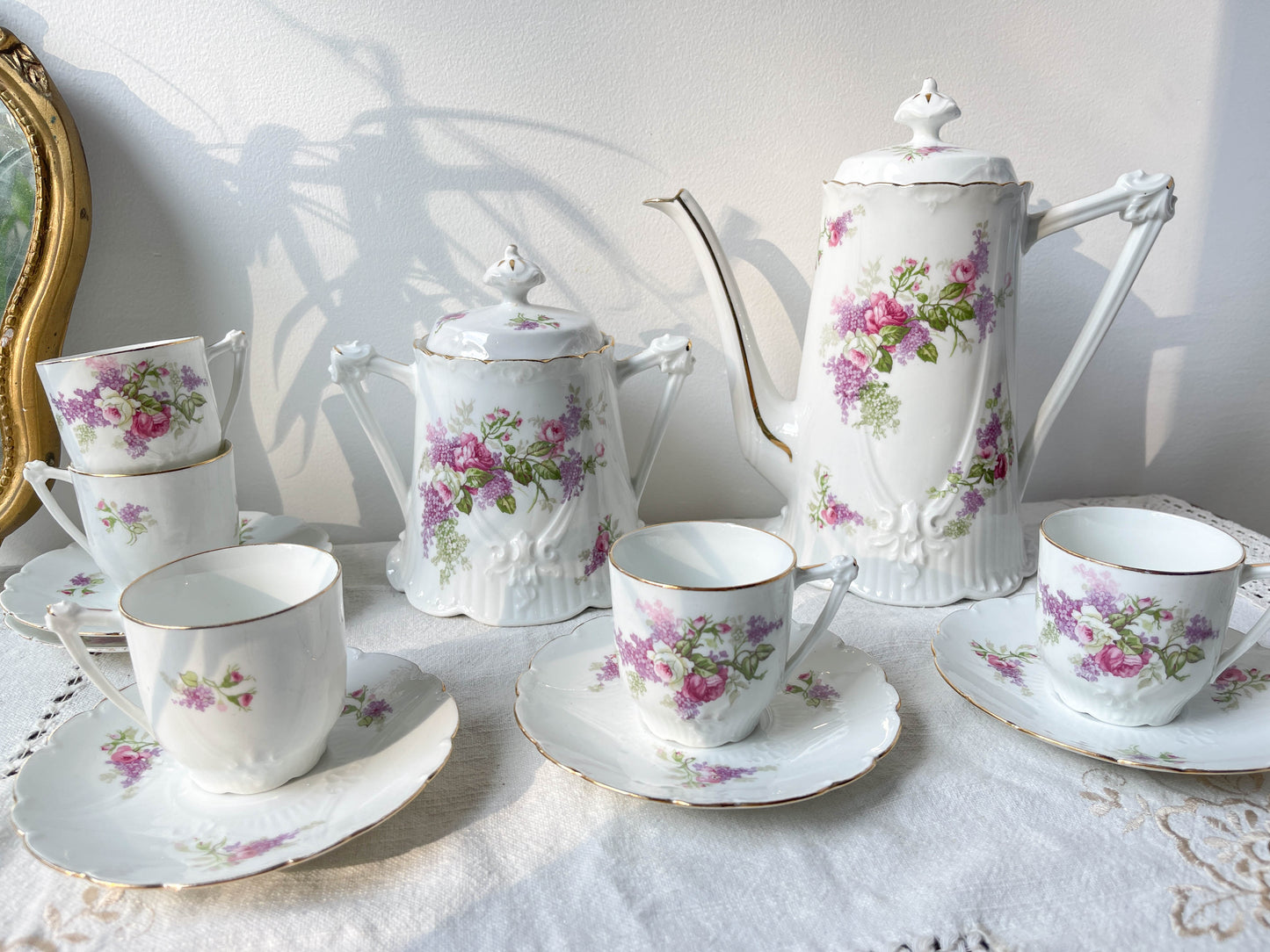 Service à thé café 5 personnes en porcelaine vintage LIMOGES B&C motif fleuri France