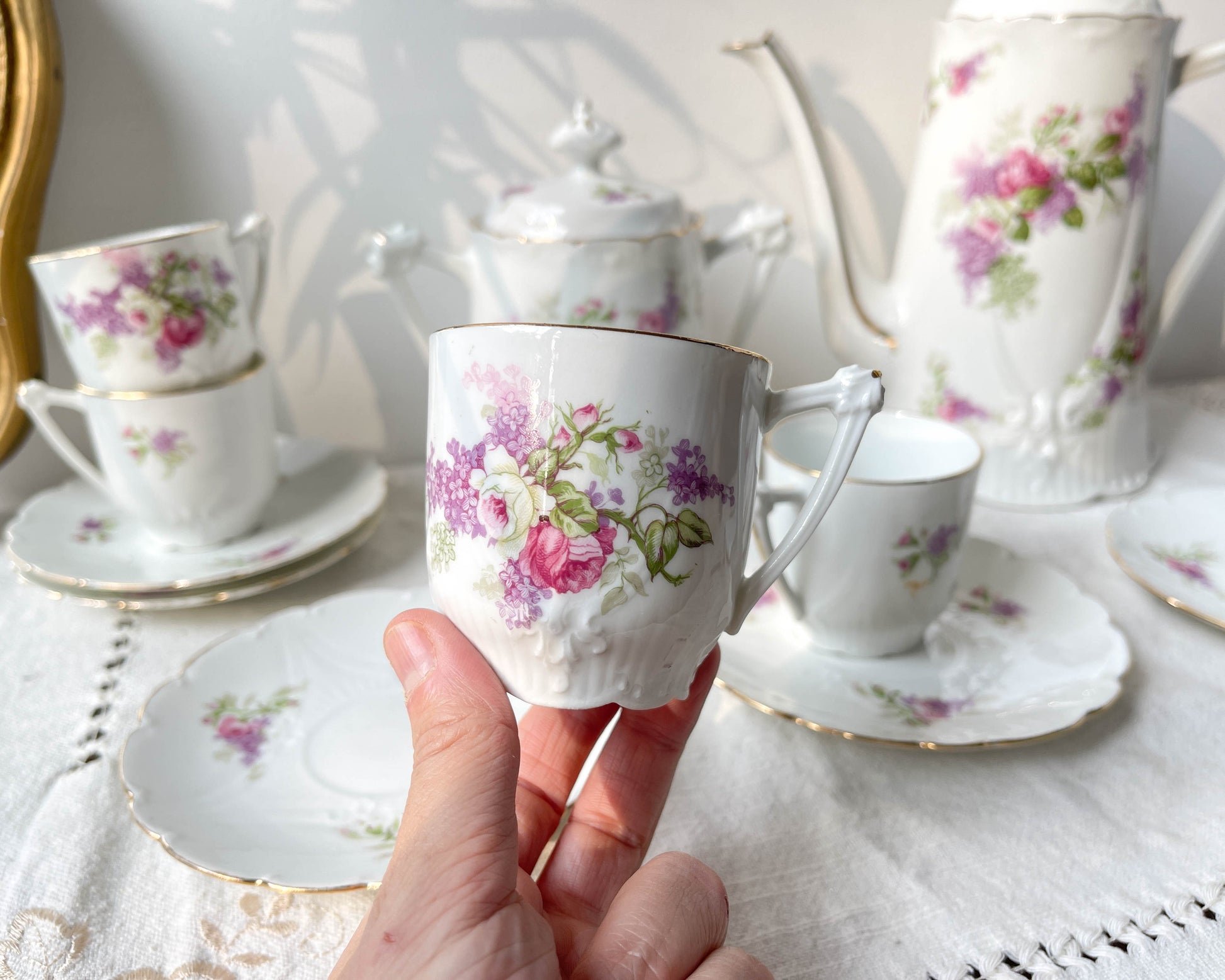Service à thé café 5 personnes en porcelaine vintage LIMOGES B&C motif fleuri France