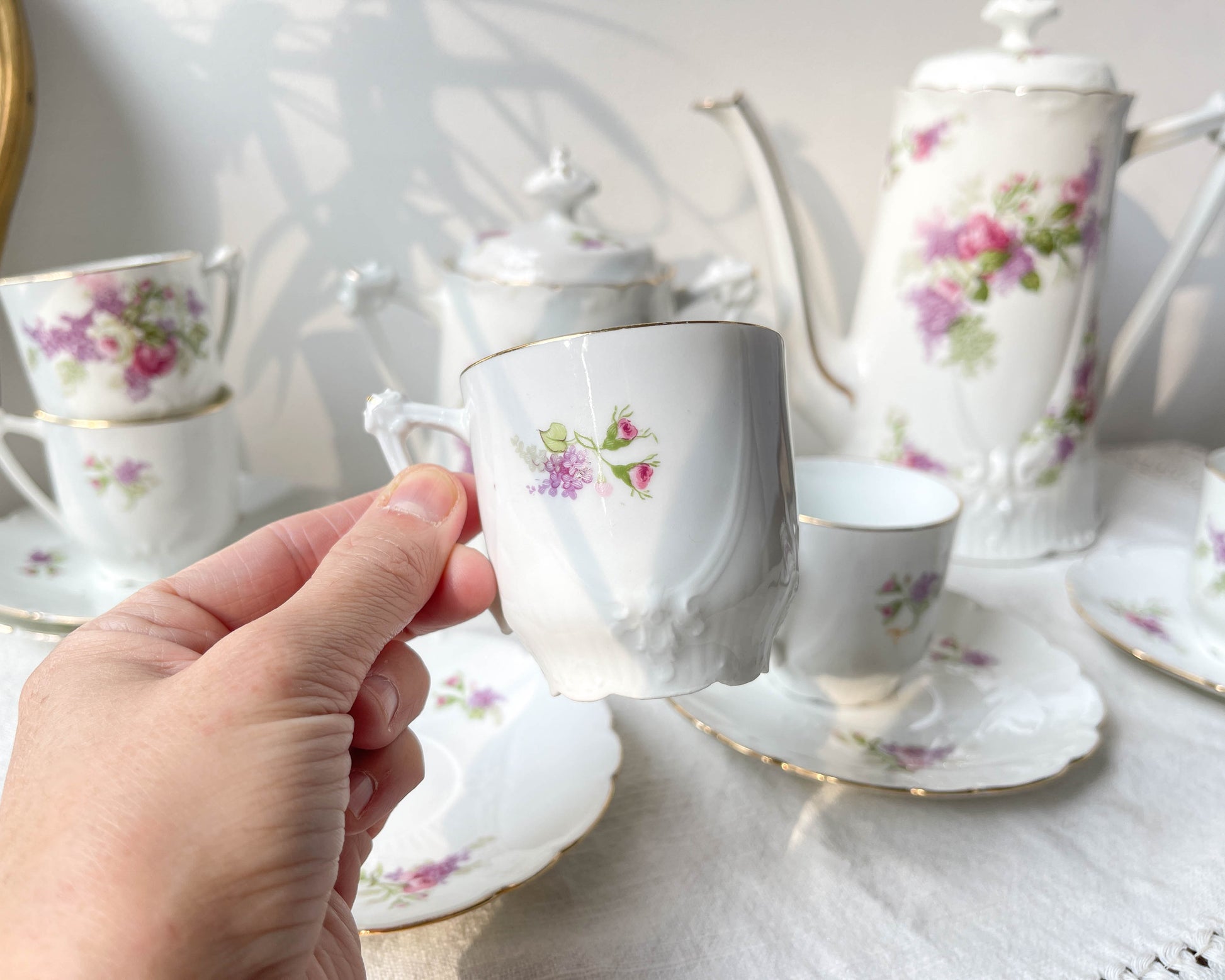 Service à thé café 5 personnes en porcelaine vintage LIMOGES B&C motif fleuri France