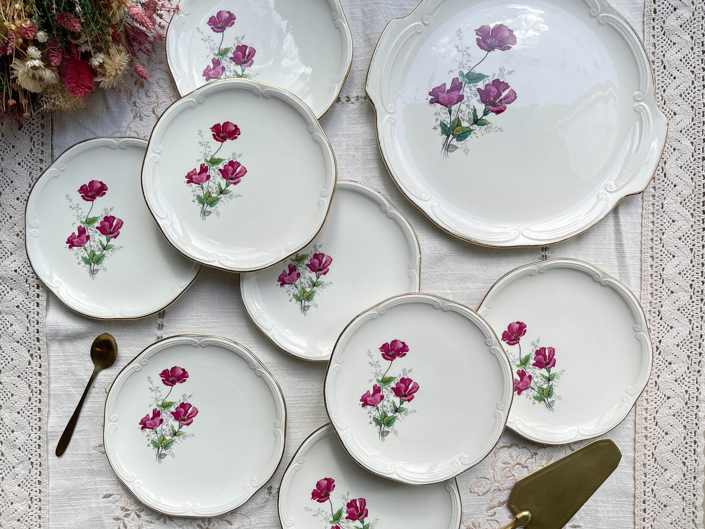Service à dessert vintage 8 personnes en porcelaine de GIEN France modèle Elegance motif fleuri