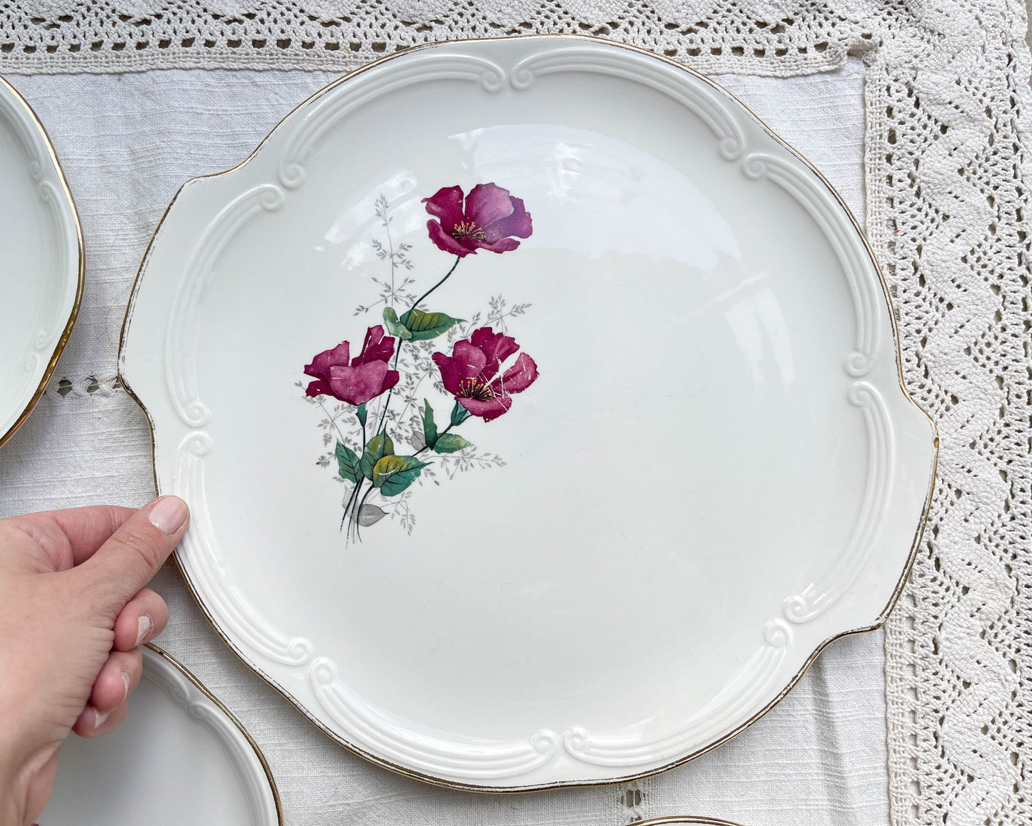 Service à dessert vintage 8 personnes en porcelaine de GIEN France modèle Elegance motif fleuri