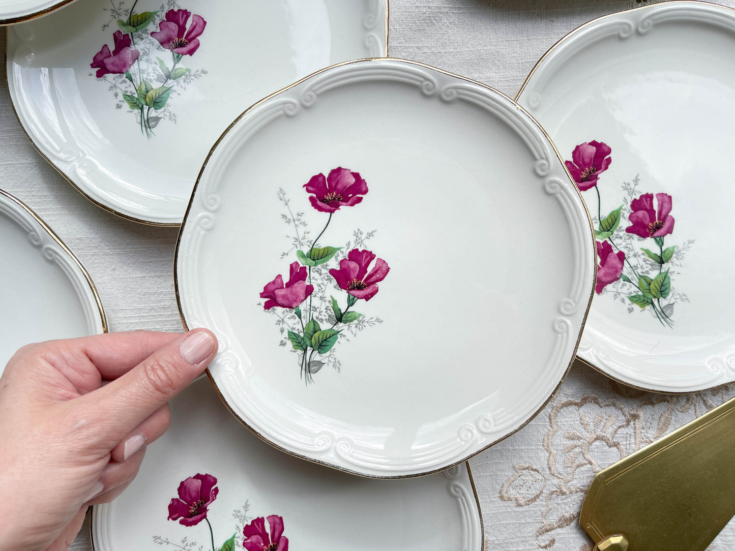 Service à dessert vintage 8 personnes en porcelaine de GIEN France modèle Elegance motif fleuri