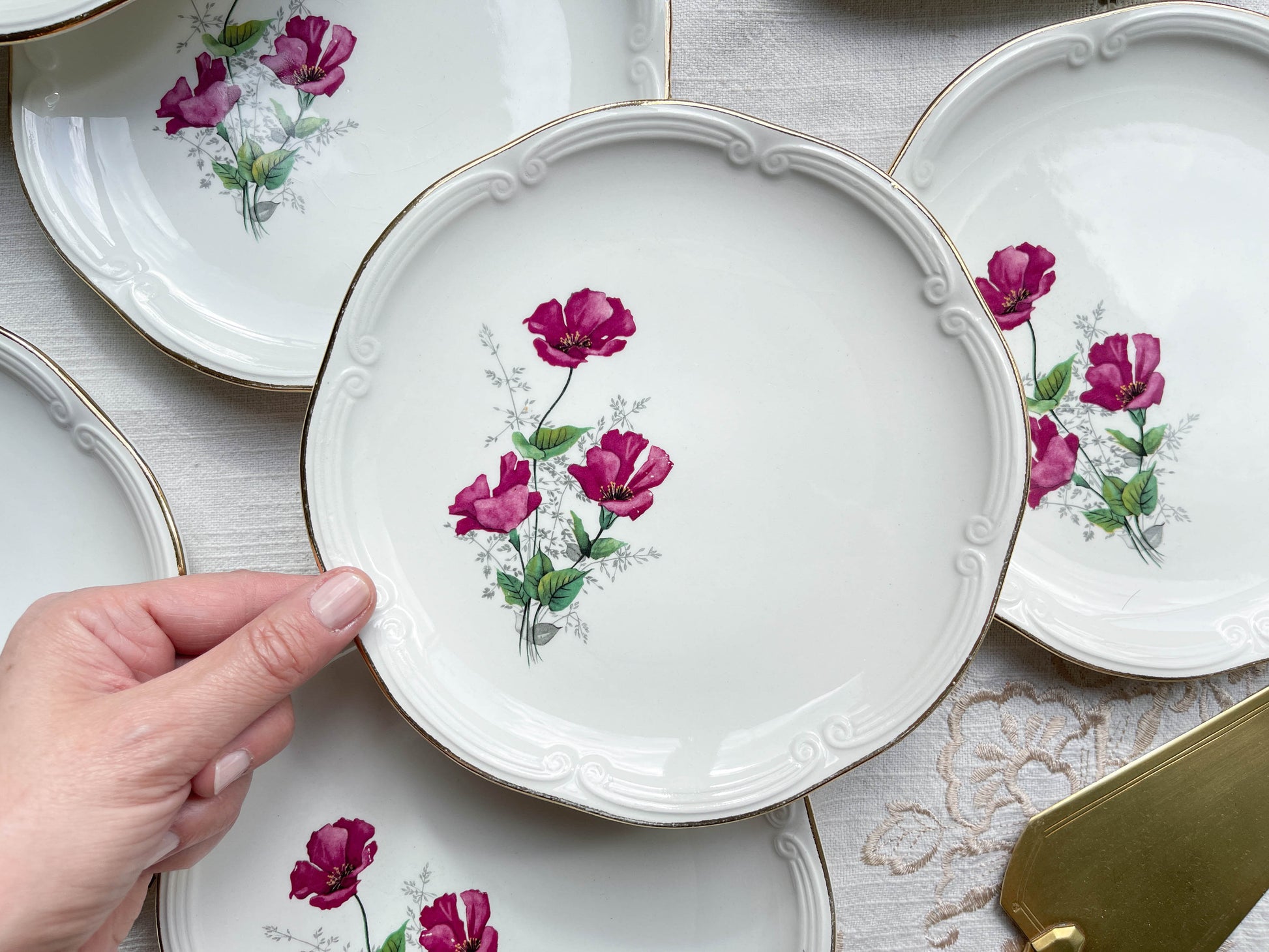 Service à dessert vintage 8 personnes en porcelaine de GIEN France modèle Elegance motif fleuri