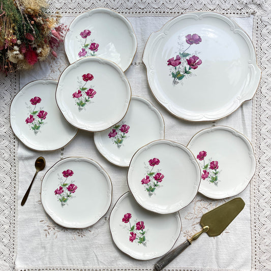 Service à dessert vintage 8 personnes en porcelaine de GIEN France modèle Elegance motif fleuri