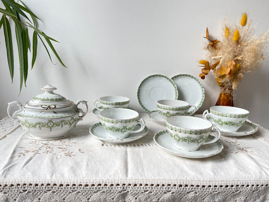 Service à thé/café vintage en porcelaine blanche verte doré XIXème