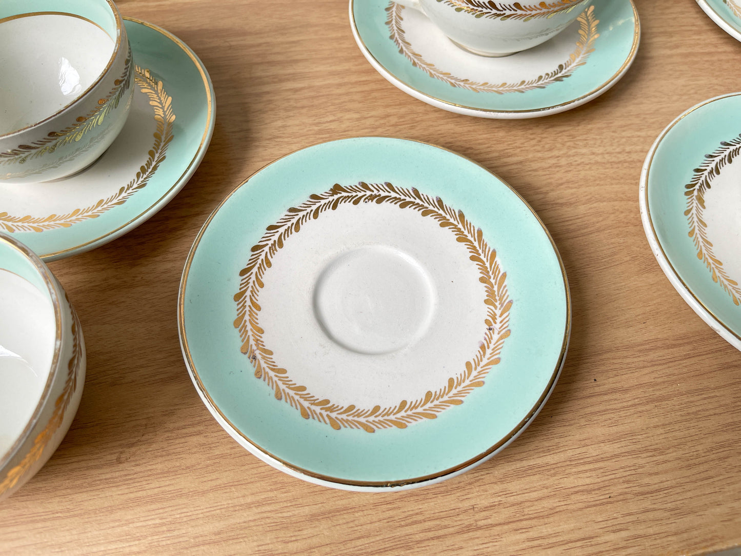 Service à thé/café vintage en porcelaine blanche verte doré LUNEVILLE made in France