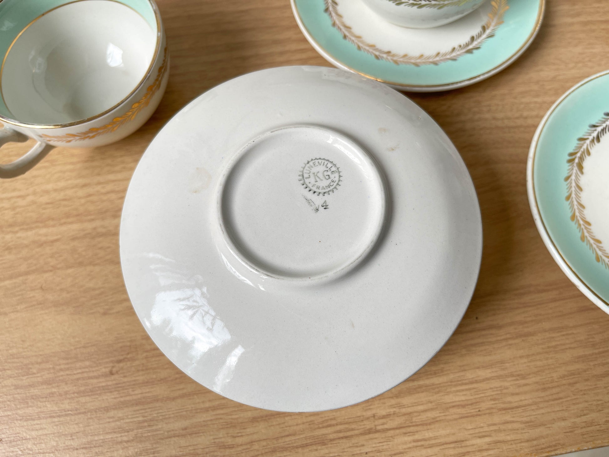 Service à thé/café vintage en porcelaine blanche verte doré LUNEVILLE made in France