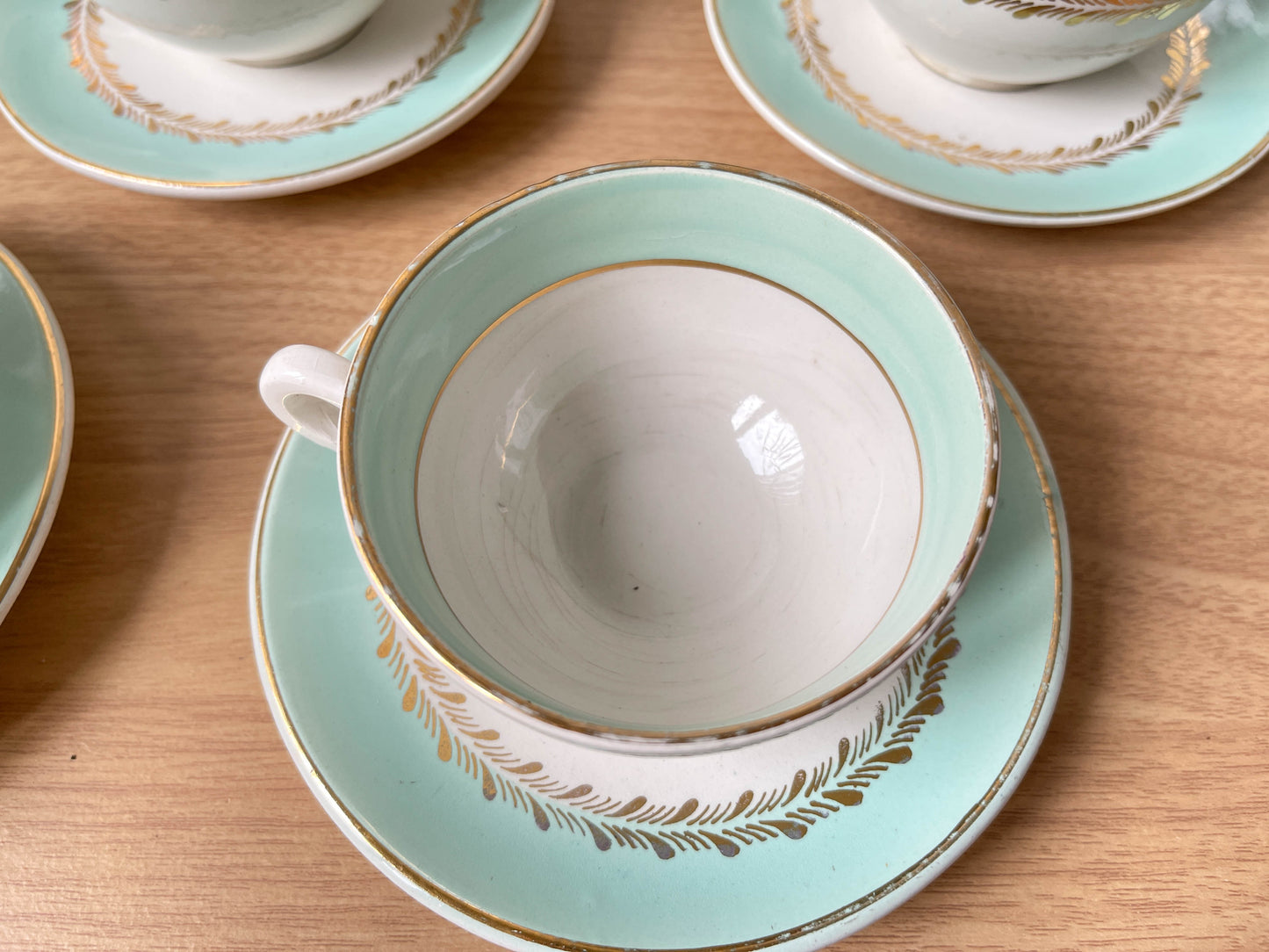 Service à thé/café vintage en porcelaine blanche verte doré LUNEVILLE made in France