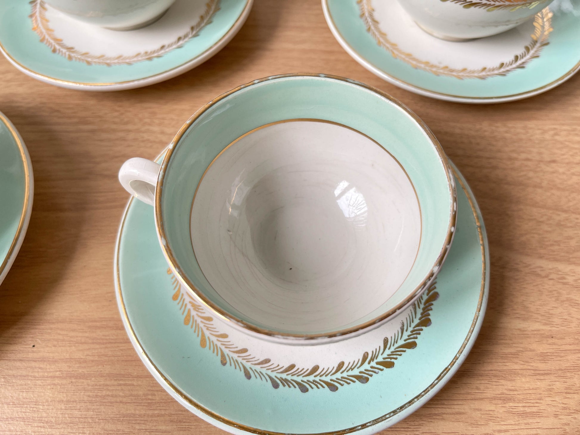Service à thé/café vintage en porcelaine blanche verte doré LUNEVILLE made in France