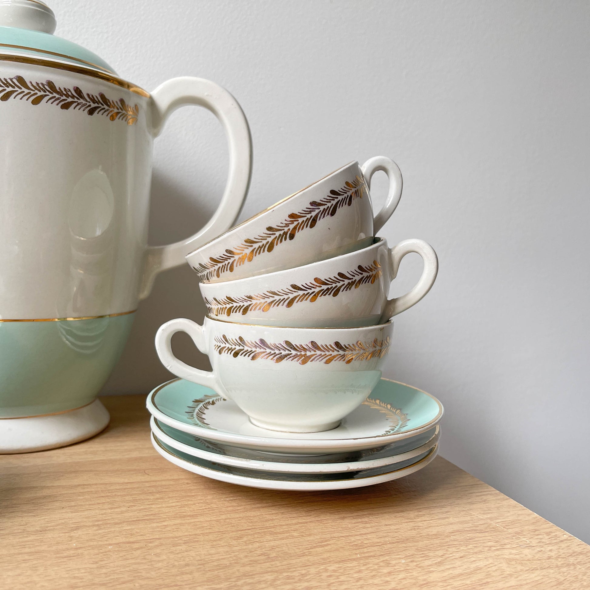 Service à thé/café vintage en porcelaine blanche verte doré LUNEVILLE made in France