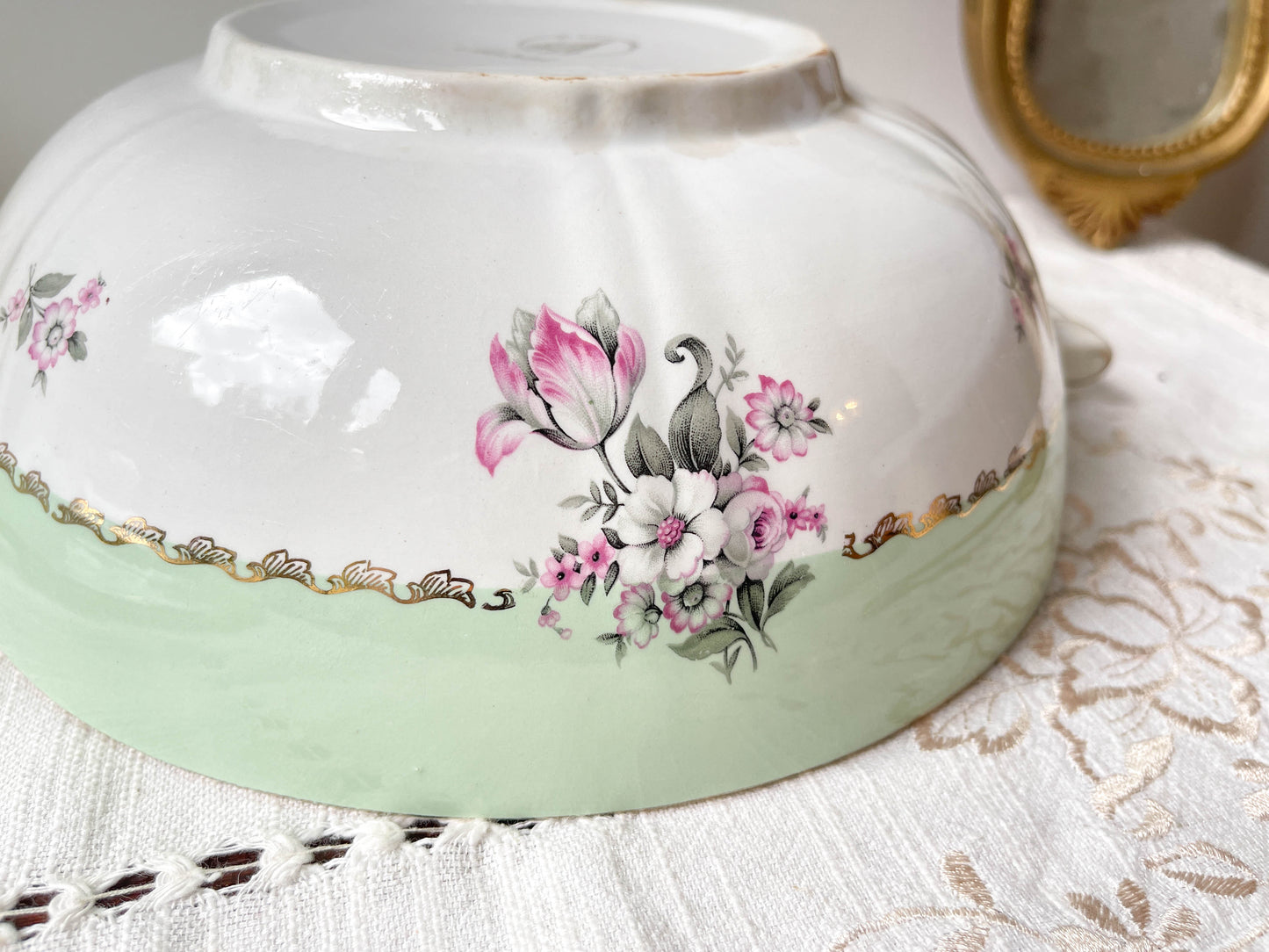 Soupière porcelaine vintage fleuri blanche verte L'Amandinoise France modèle Astrid 1950s