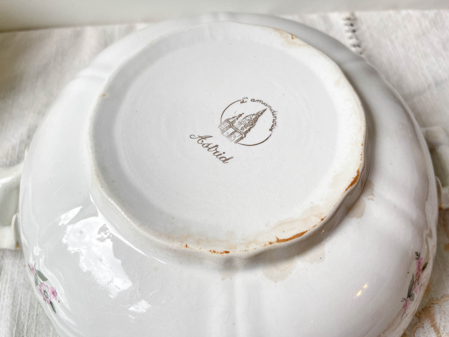 Soupière porcelaine vintage fleuri blanche verte L'Amandinoise France modèle Astrid 1950s
