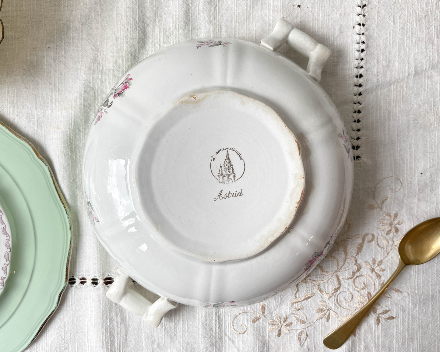 Soupière porcelaine vintage fleuri blanche verte L'Amandinoise France modèle Astrid 1950s