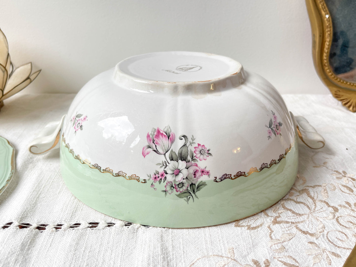 Soupière porcelaine vintage fleuri blanche verte L'Amandinoise France modèle Astrid 1950s