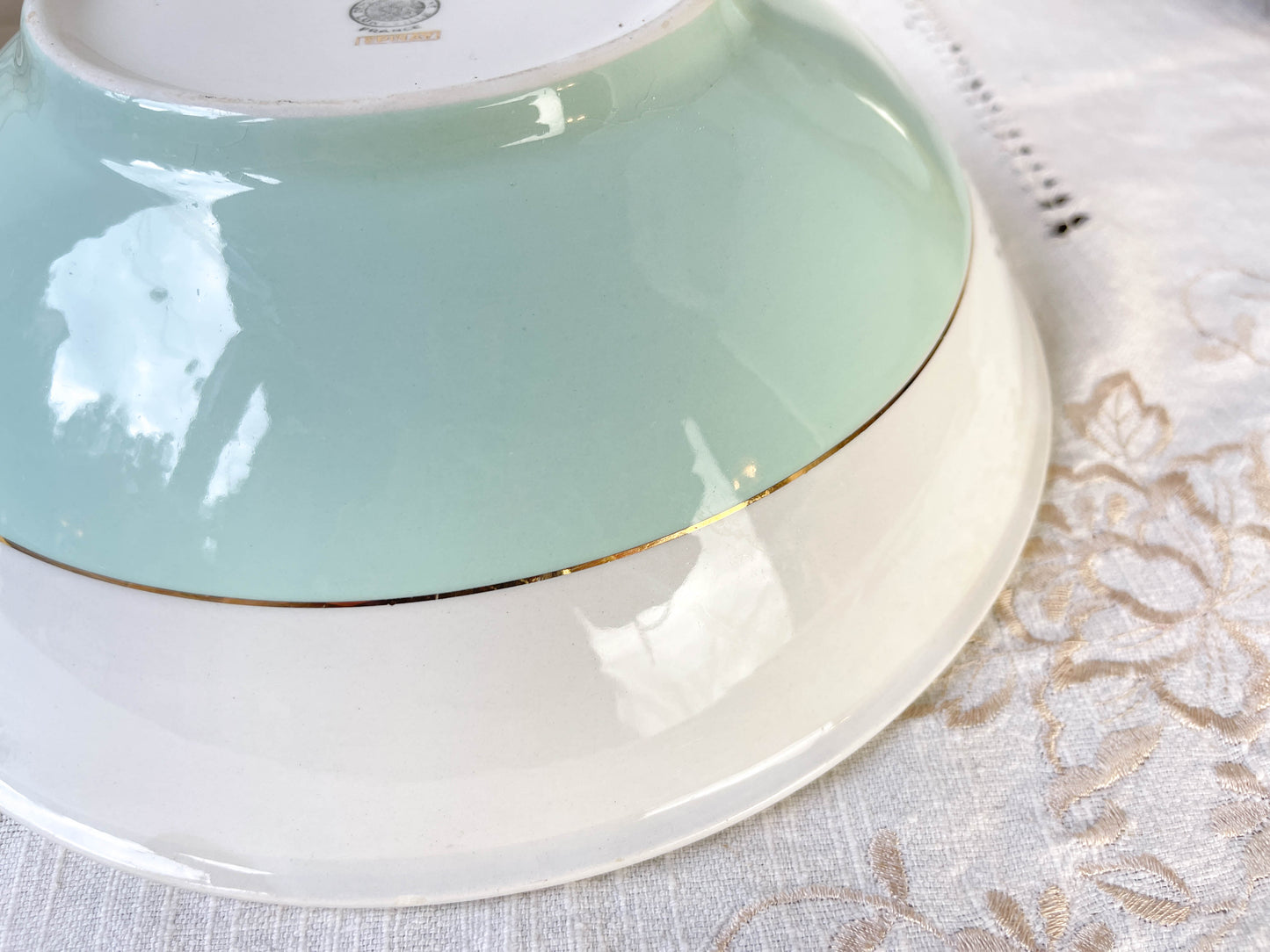 Saladier porcelaine vintage blanche verte LUNEVILLE EPINAY France 1950s
