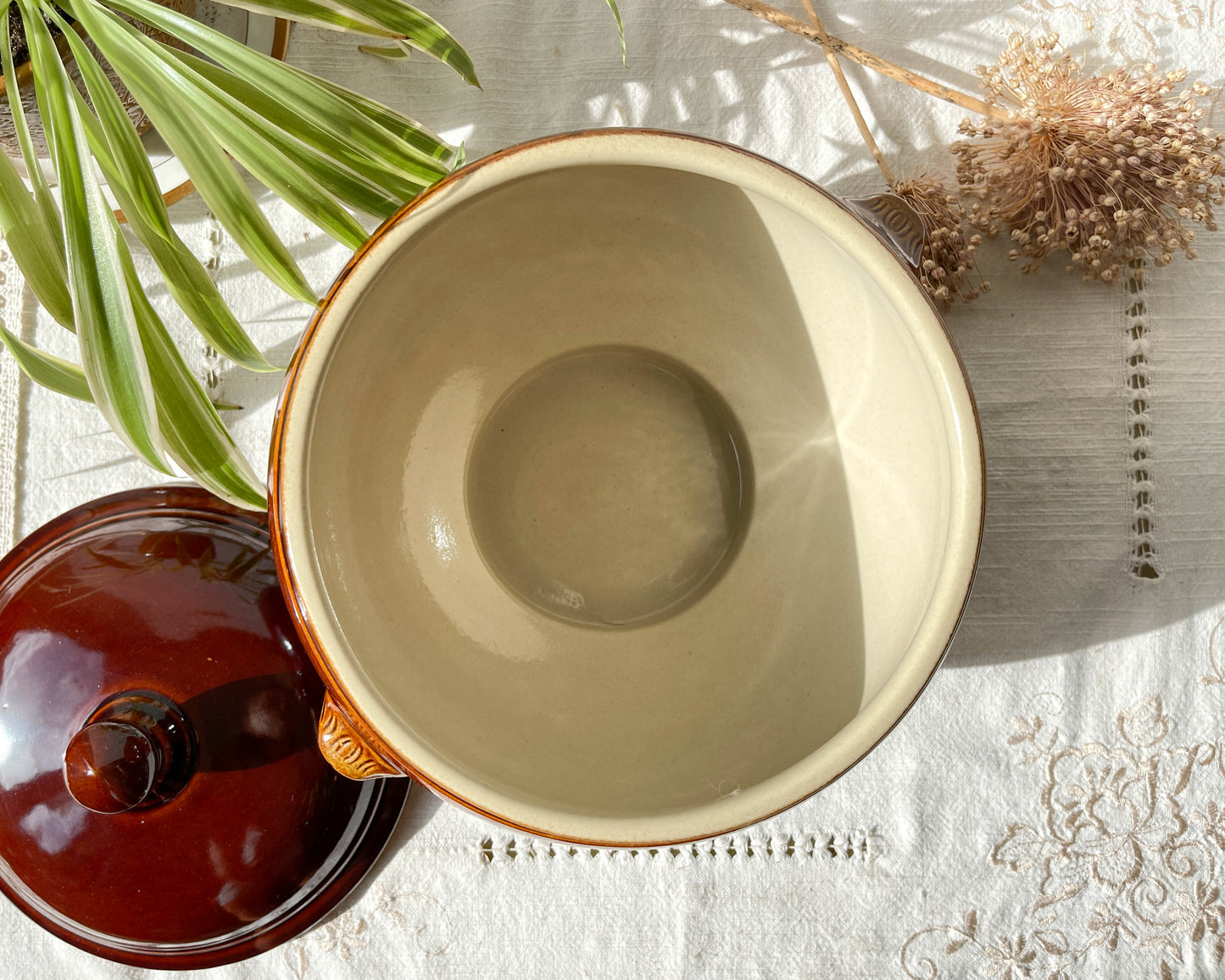 Soupière vintage en grès émaillé marron soupe à l'oignon