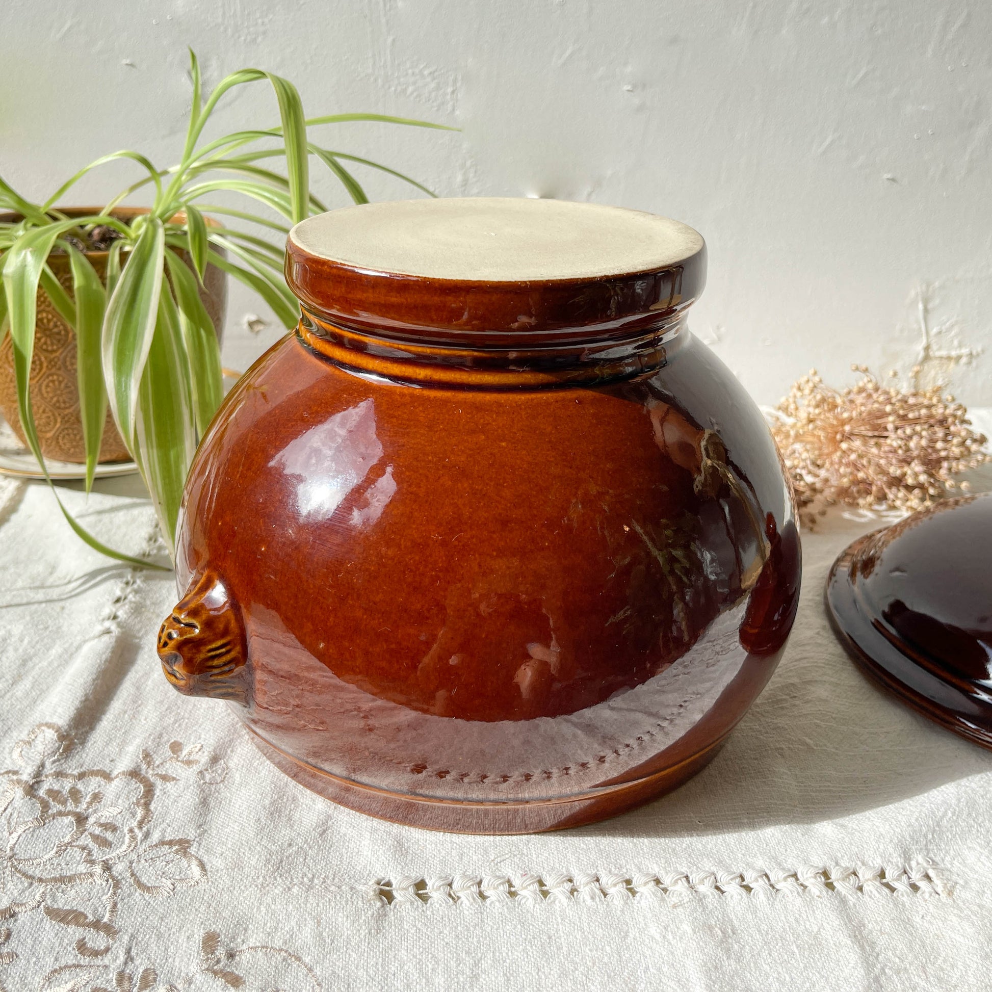 Soupière vintage en grès émaillé marron soupe à l'oignon