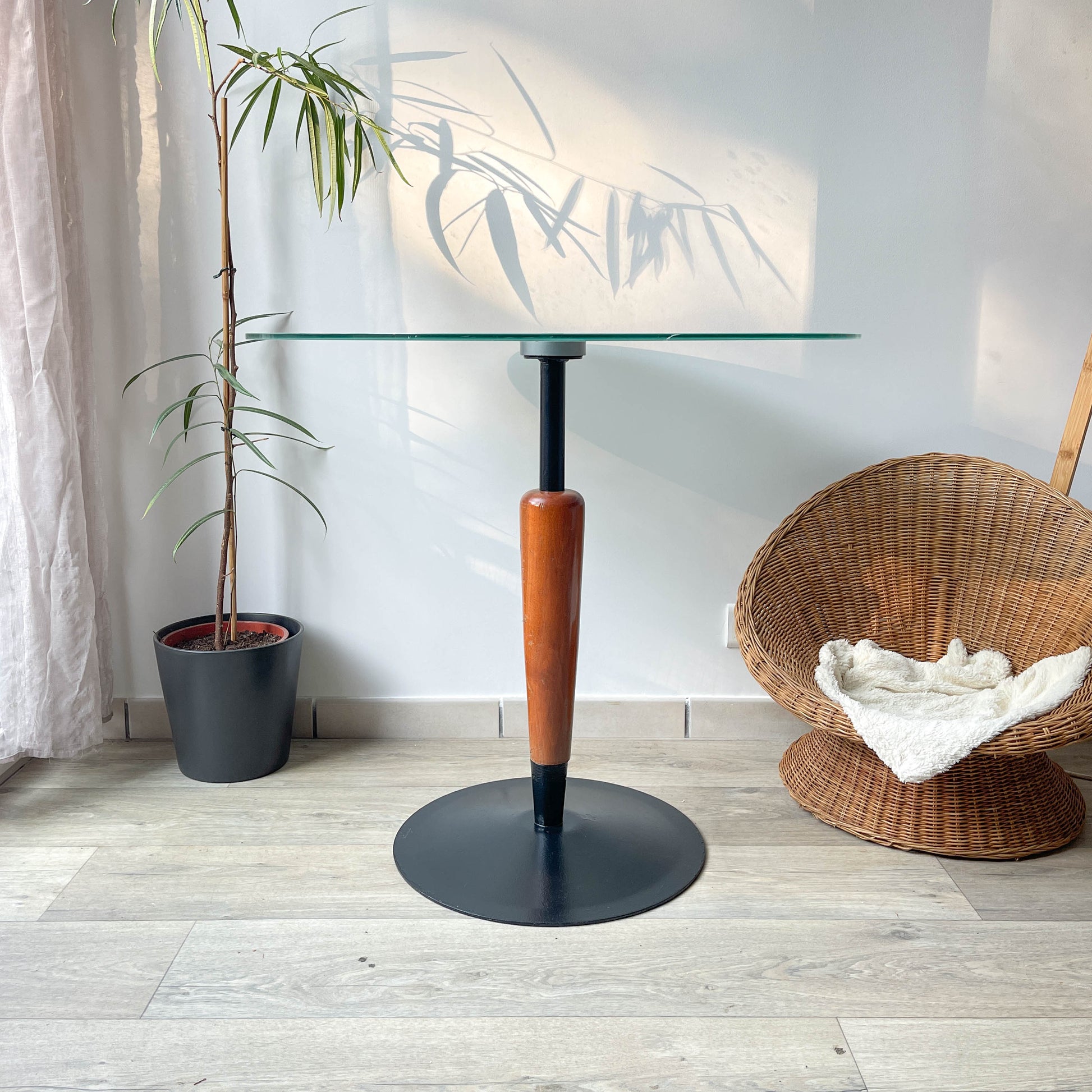 Table ronde vintage style champignon bois et verre 1970