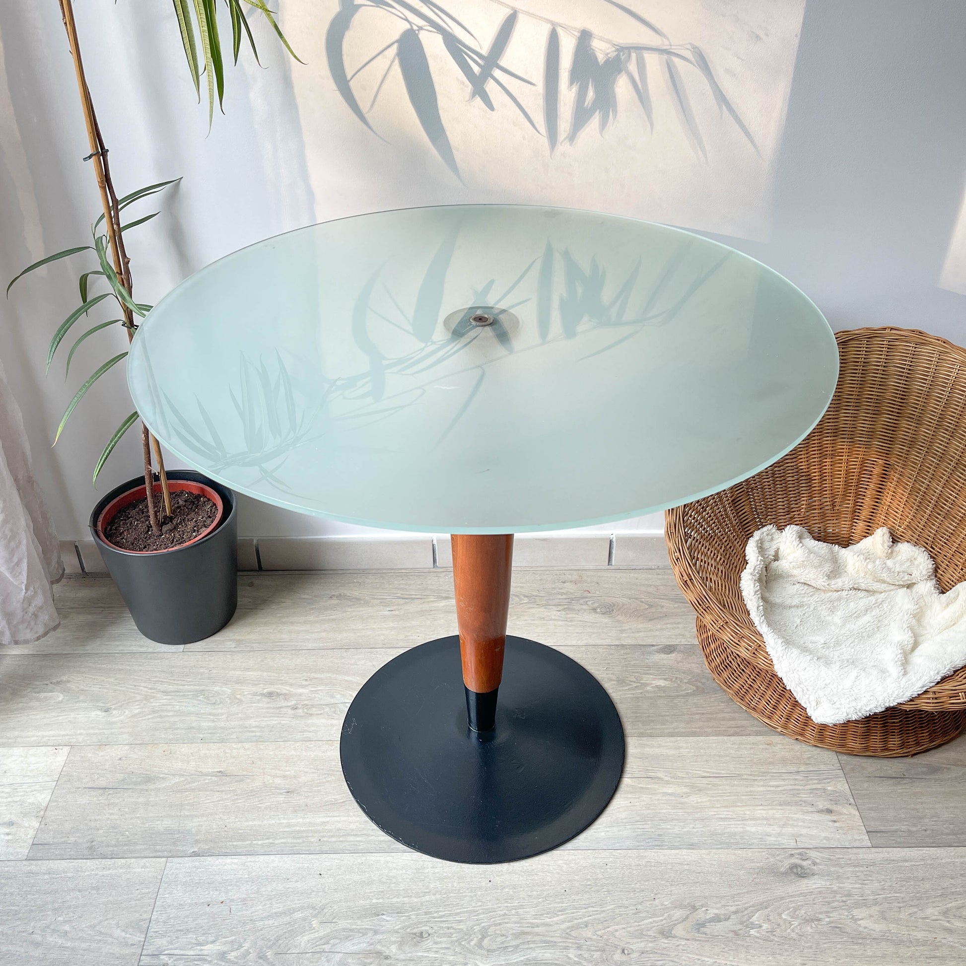 Table ronde vintage style champignon bois et verre 1970