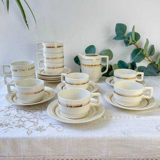 Service à café St Amand 10 personnes – Porcelaine vintage blanche et dorée