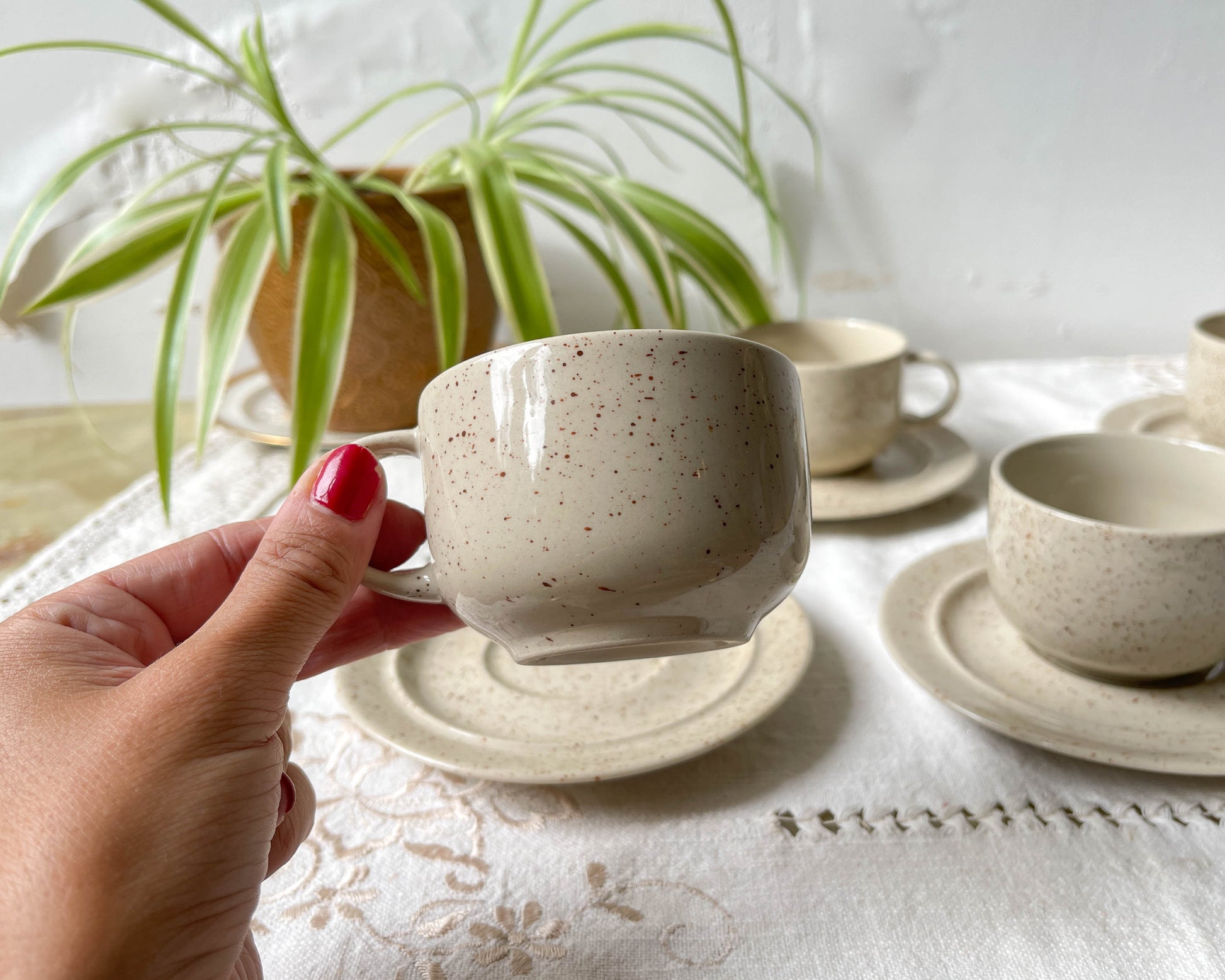 Tasses à café/thé en grès moucheté Tulowice mid century XXe