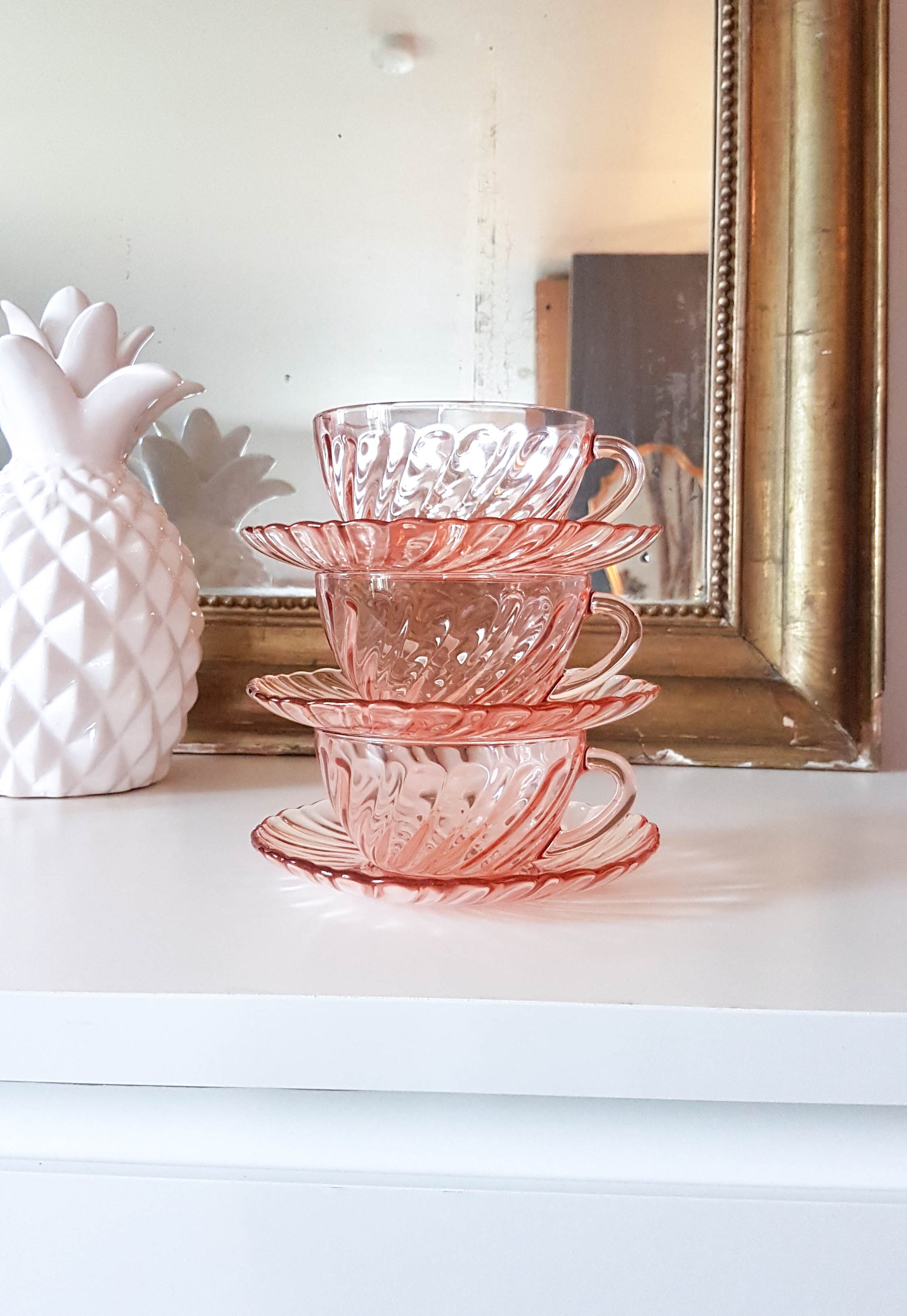 6 Tasses et sous-tasses à thé en verre rose Rosaline LUMINARC made in France