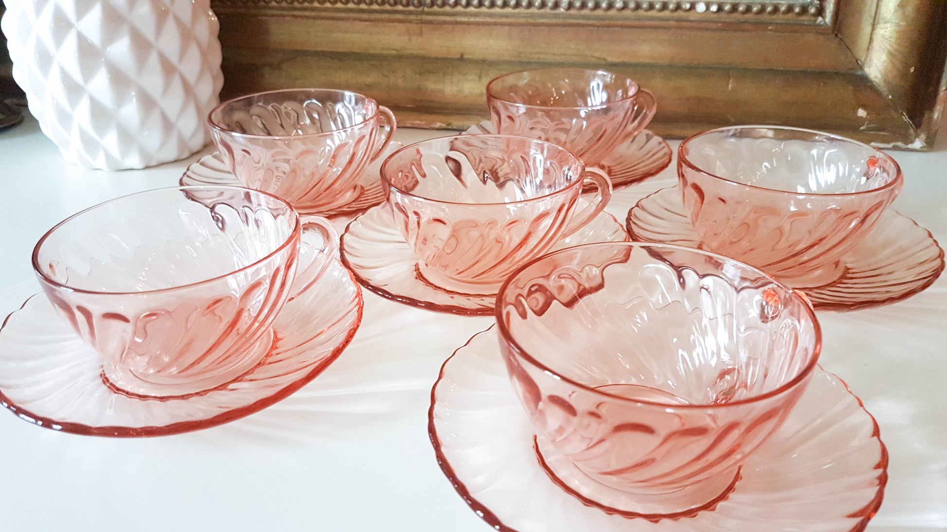 6 Tasses et sous-tasses à thé en verre rose Rosaline LUMINARC made in France