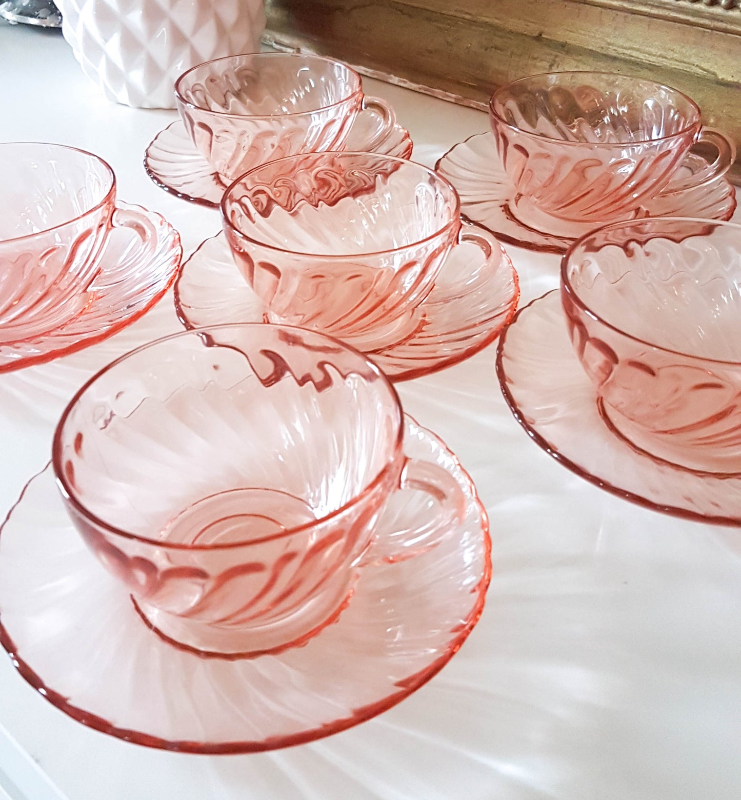 6 Tasses et sous-tasses à thé en verre rose Rosaline LUMINARC made in France