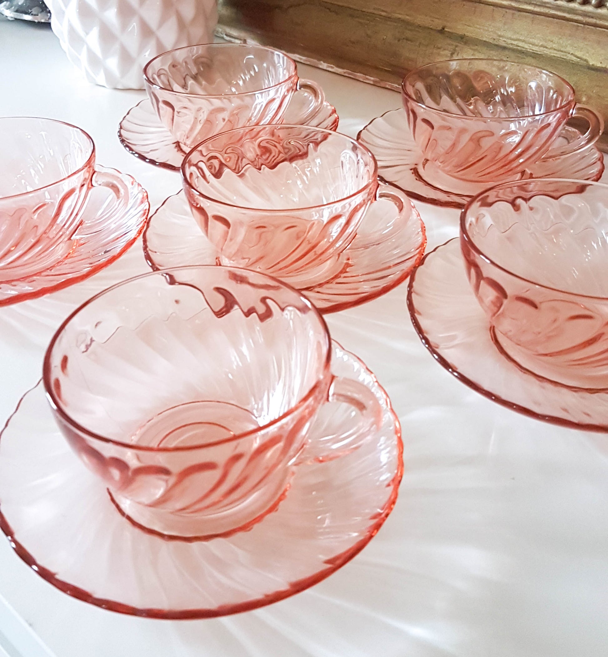 6 Tasses et sous-tasses à thé en verre rose Rosaline LUMINARC made in France