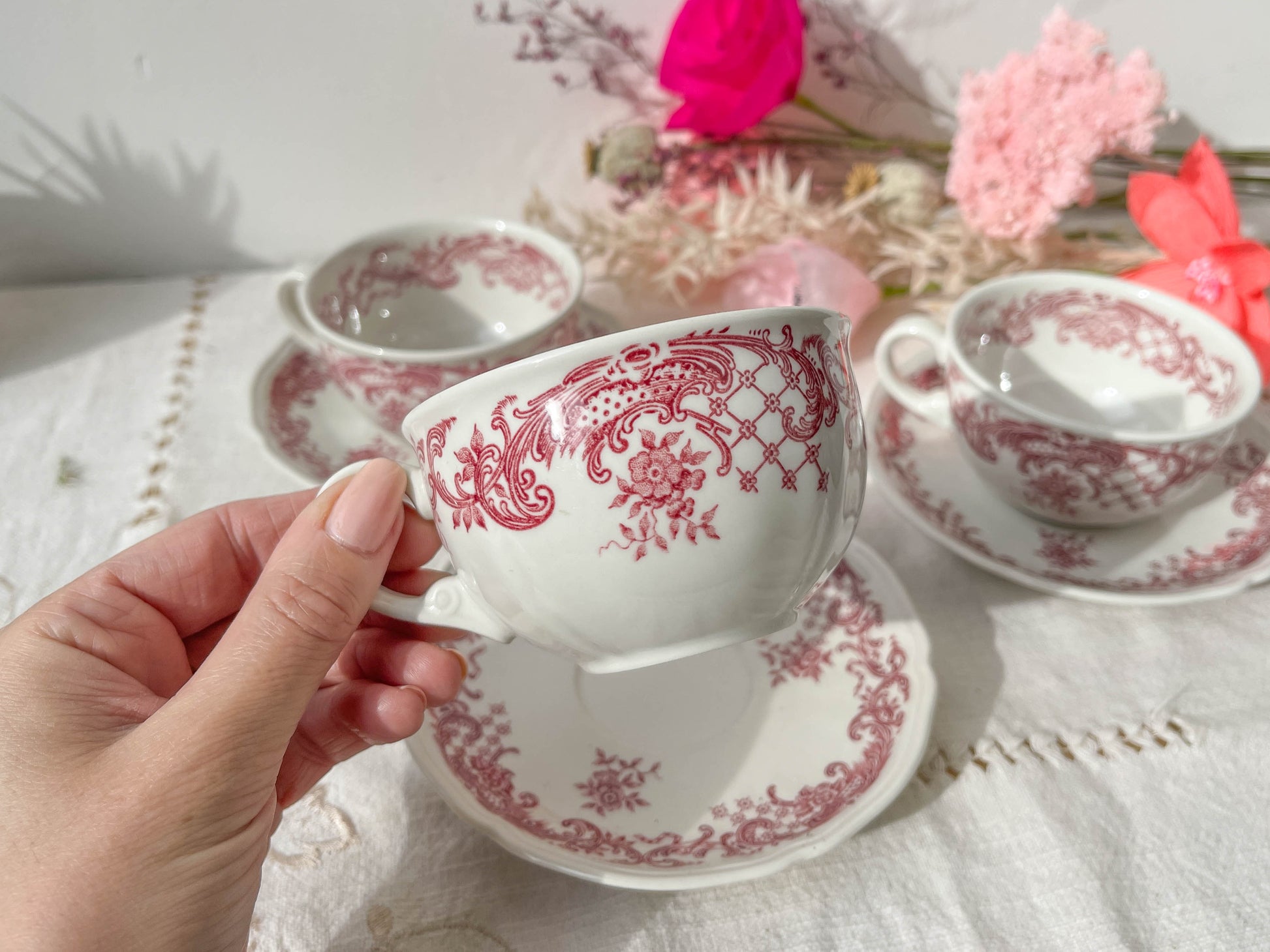 3 Tasses à Café en porcelaine blanche et rose Villero & Boch VALERIA Made in Germany