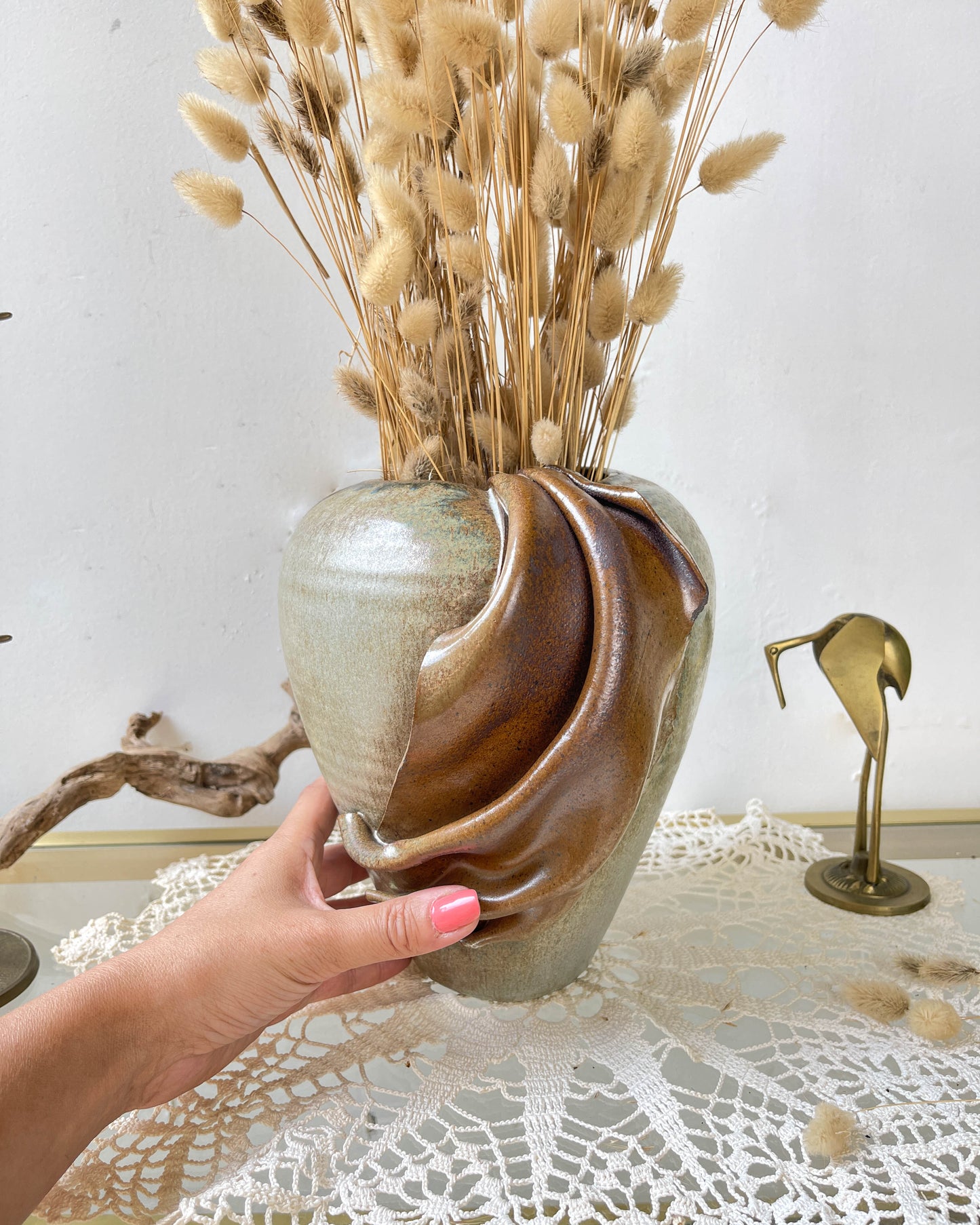 Vase en grès vintage émaillé effet drapé