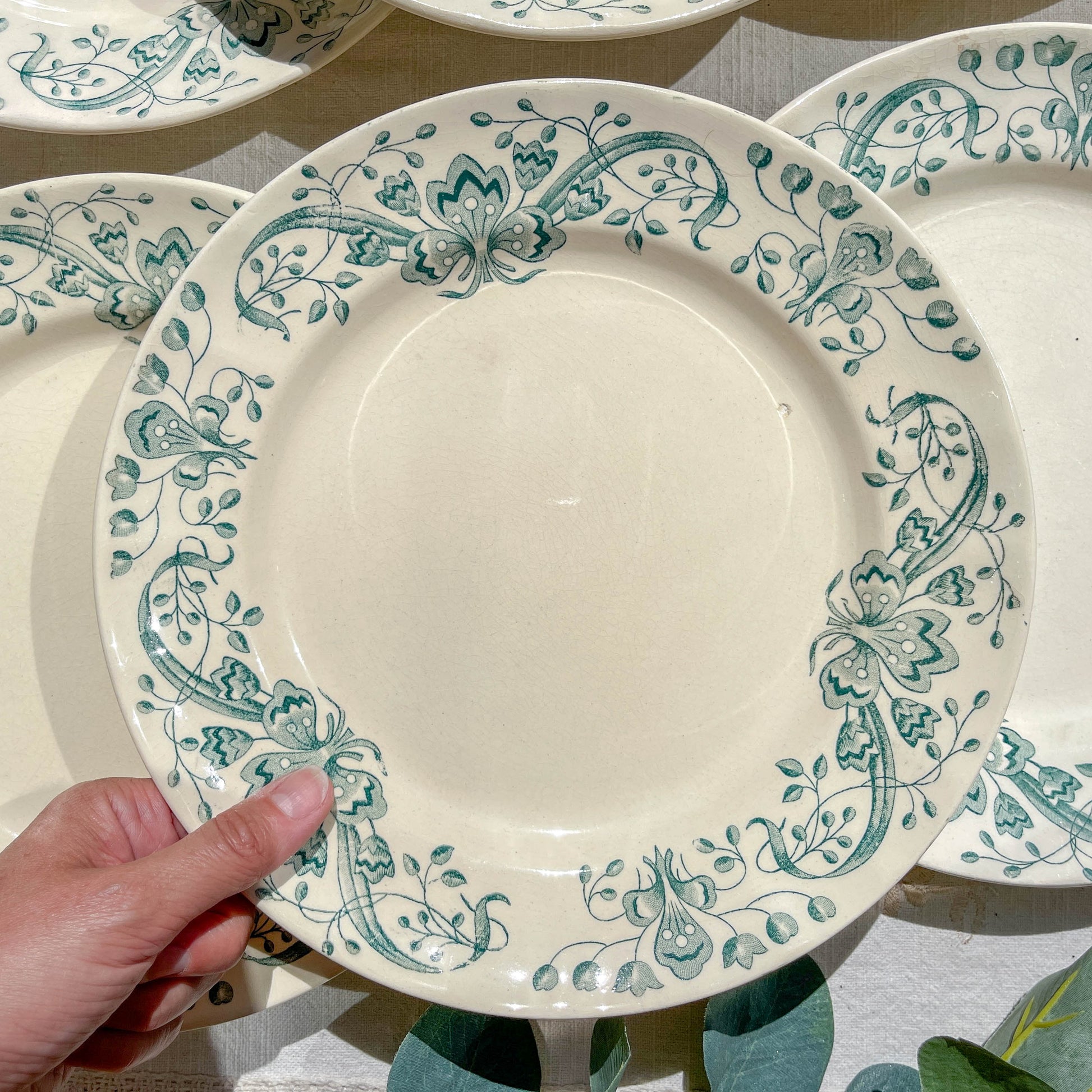 Lot de 6 Assiettes Plates Anciennes Terre de Fer "Figuig" – Longchamp XIXe