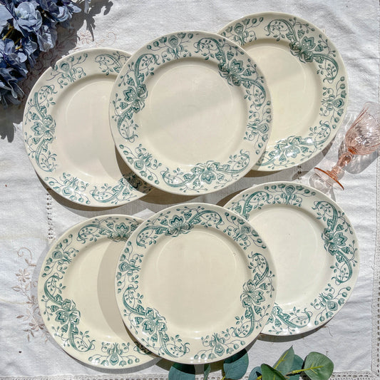 Lot de 6 Assiettes Plates Anciennes Terre de Fer "Figuig" – Longchamp XIXe