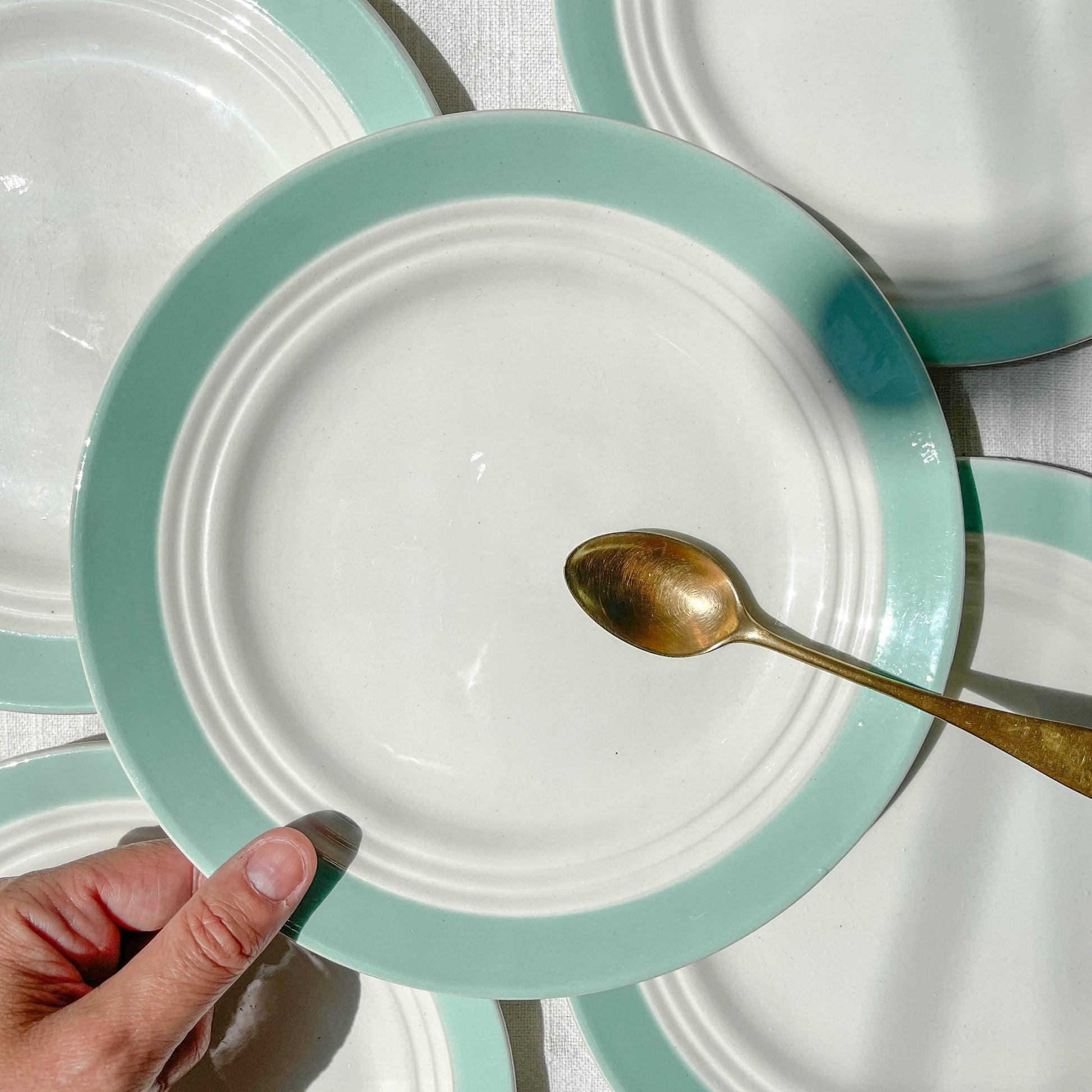 5 Petites assiettes vintage en porcelaine française blanches vertes Céranord