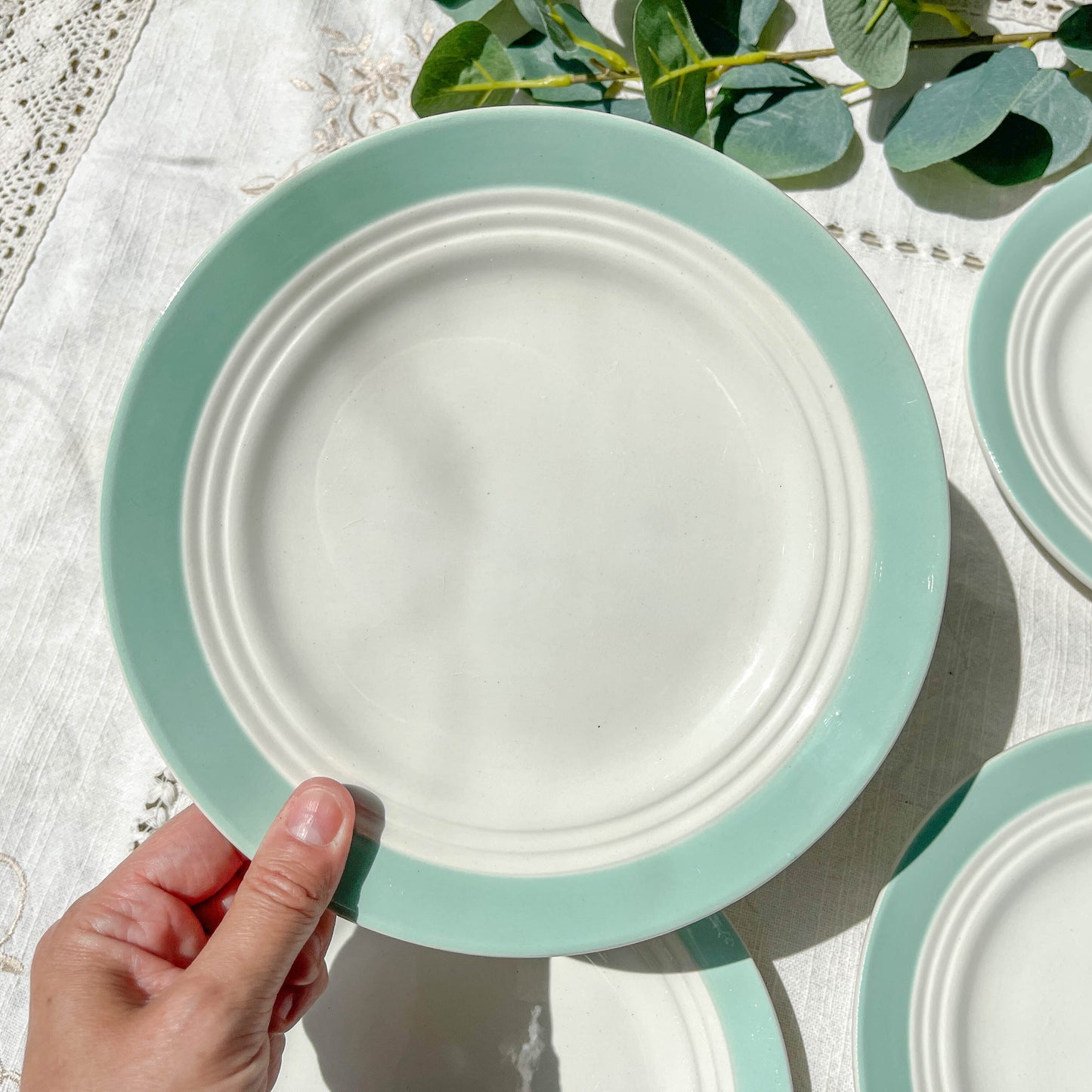 5 Petites assiettes vintage en porcelaine française blanches vertes Céranord