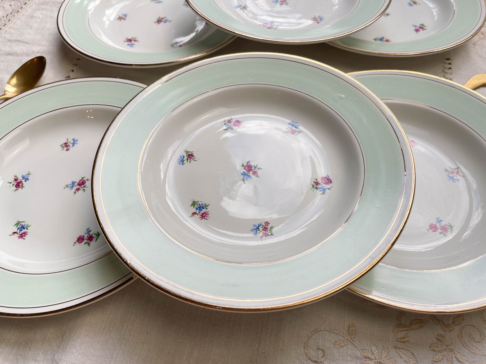 6 Assiettes à soupe vintage porcelaine blanche verte fleurie SALINS 66 de 1950s